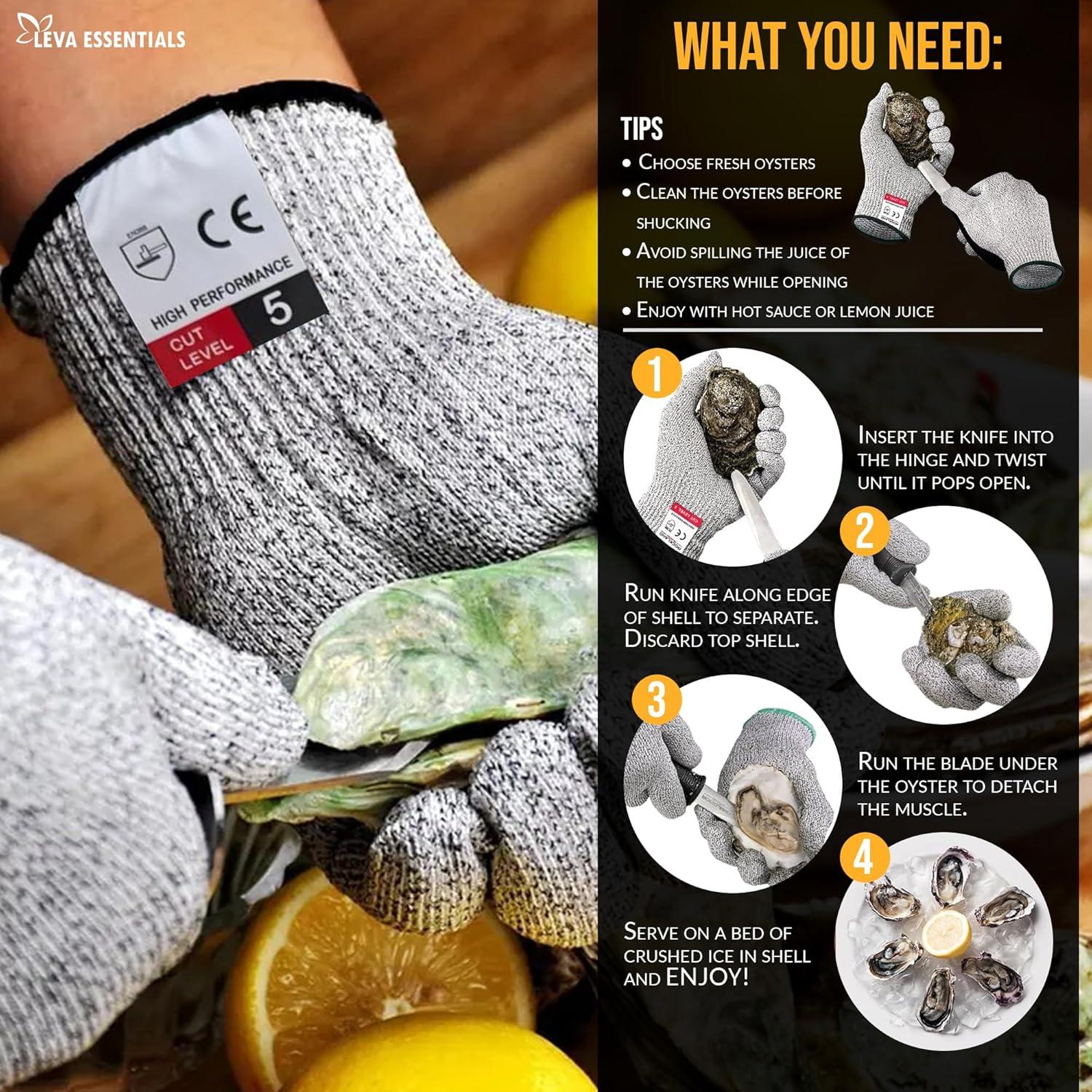 Juego de Cuchillos para Abrir Ostras LEVA ESSENTIALS con Guantes