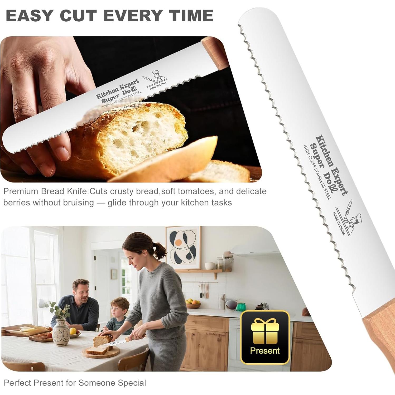 Cuchillo de Pan Serrado 20 cm KNZIFPD - Acero Inoxidable y Madera