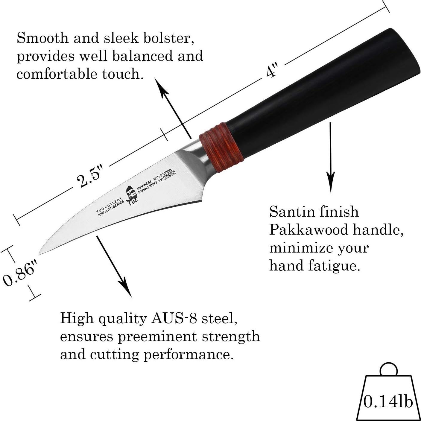 Cuchillo de Pelar TUO Ring Lite 6.35 cm Acero AUS-8 Pakkawood