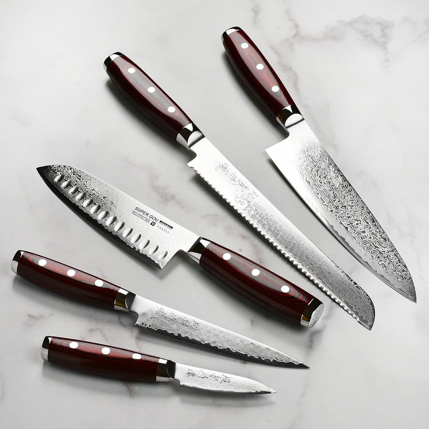 Conjunto de Cuchillos Yaxell Super Gou 7 Piezas Acero Damasco