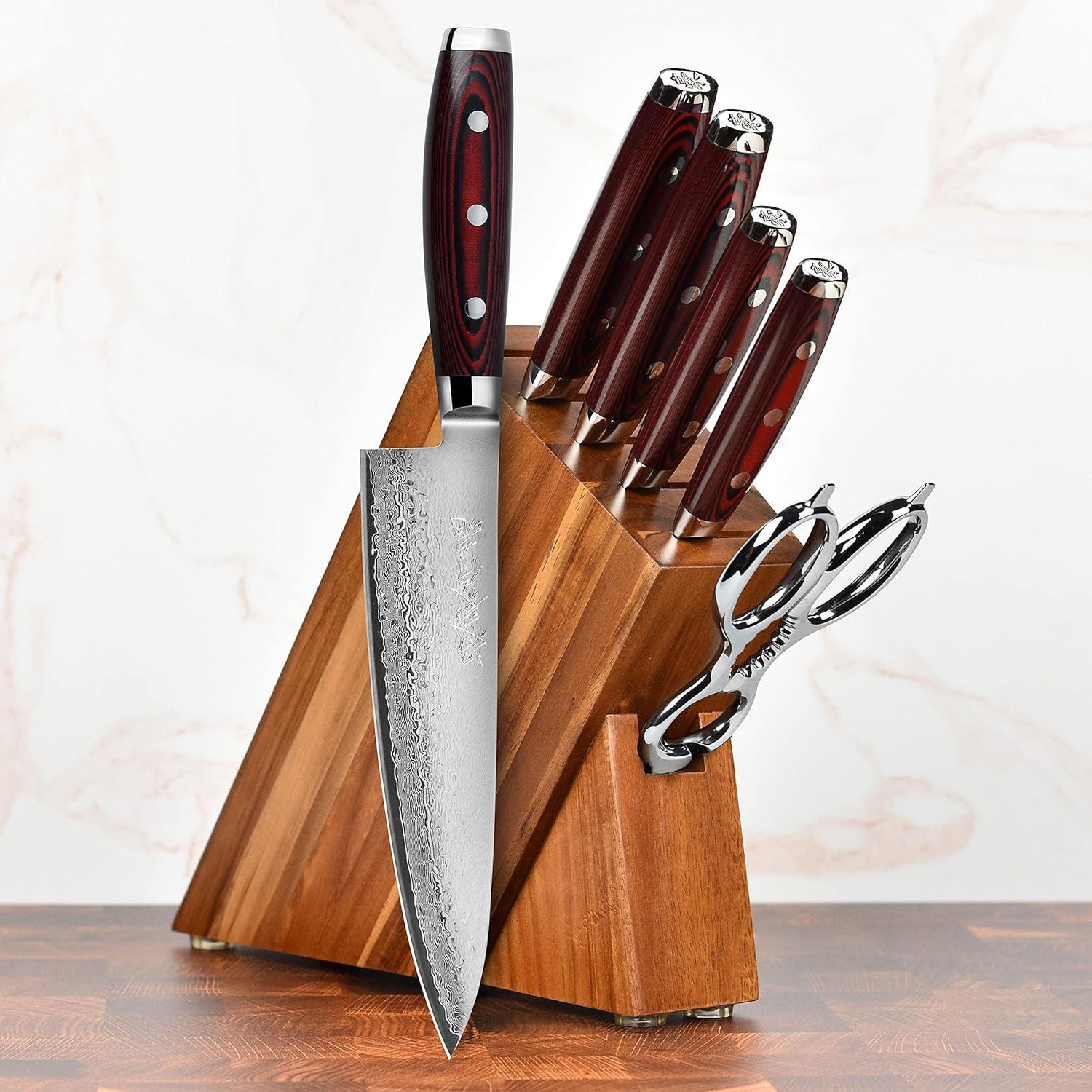 Conjunto de Cuchillos Yaxell Super Gou 7 Piezas Acero Damasco