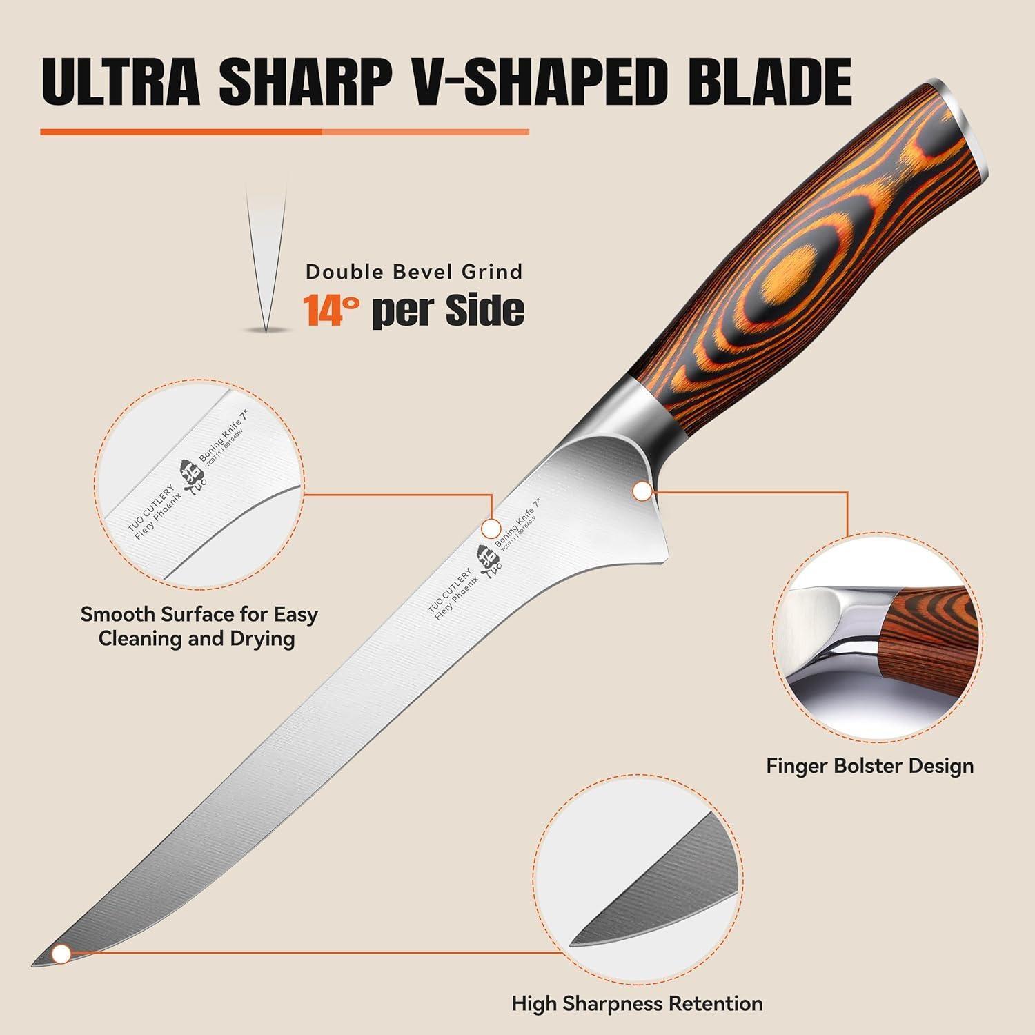 Cuchillo de Deshuesar TUO 17.78 cm Acero Alto Carbono Pakkawood