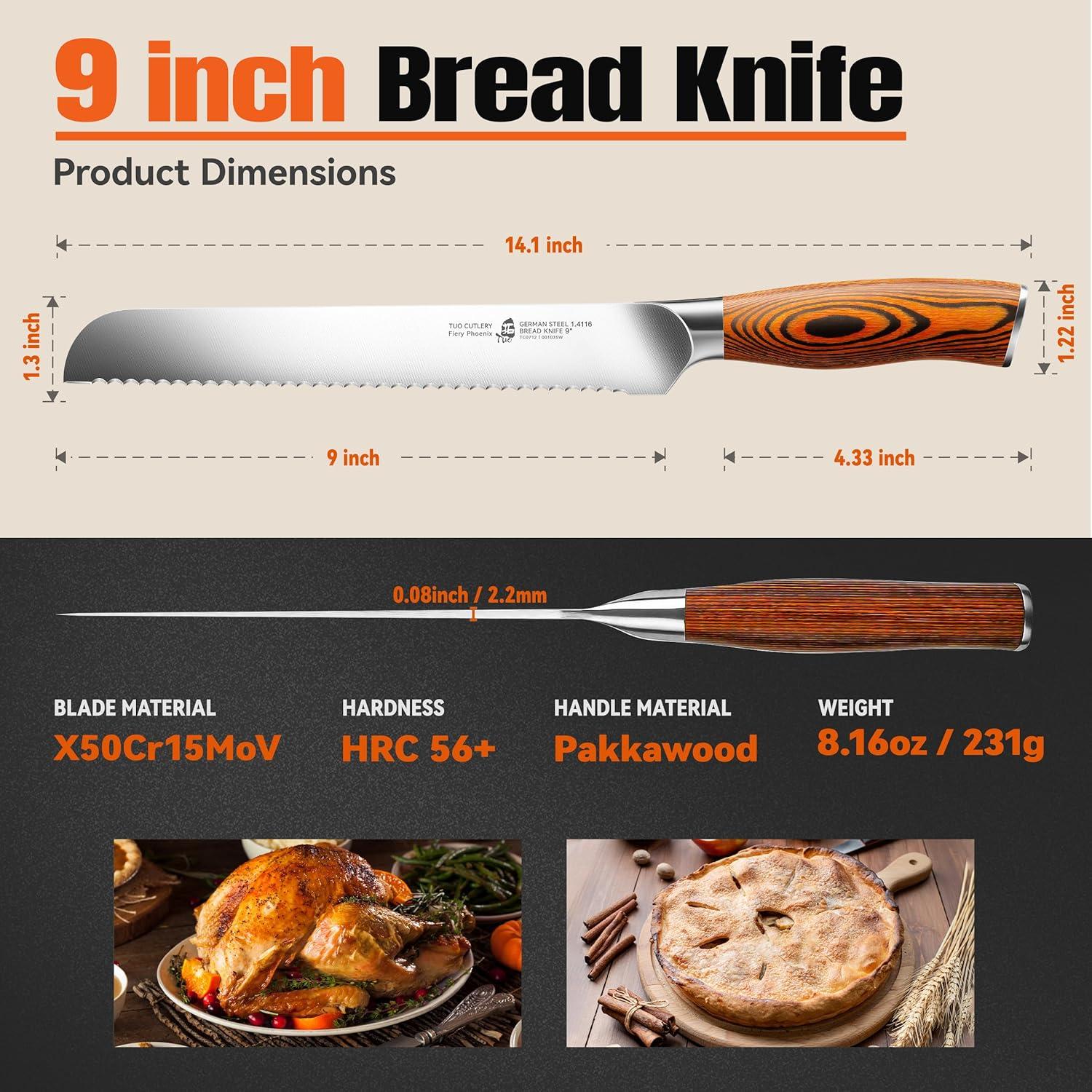 Cuchillo de Pan TUO 22.86 cm Acero Alto Carbono Mango Ergonómico