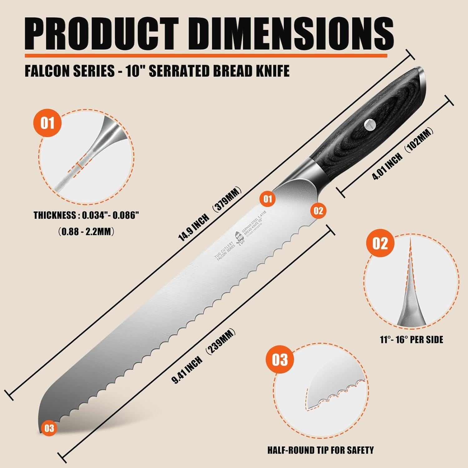 Cuchillo de Pan TUO 25 cm Serrado Acero Alemán Pakkawood