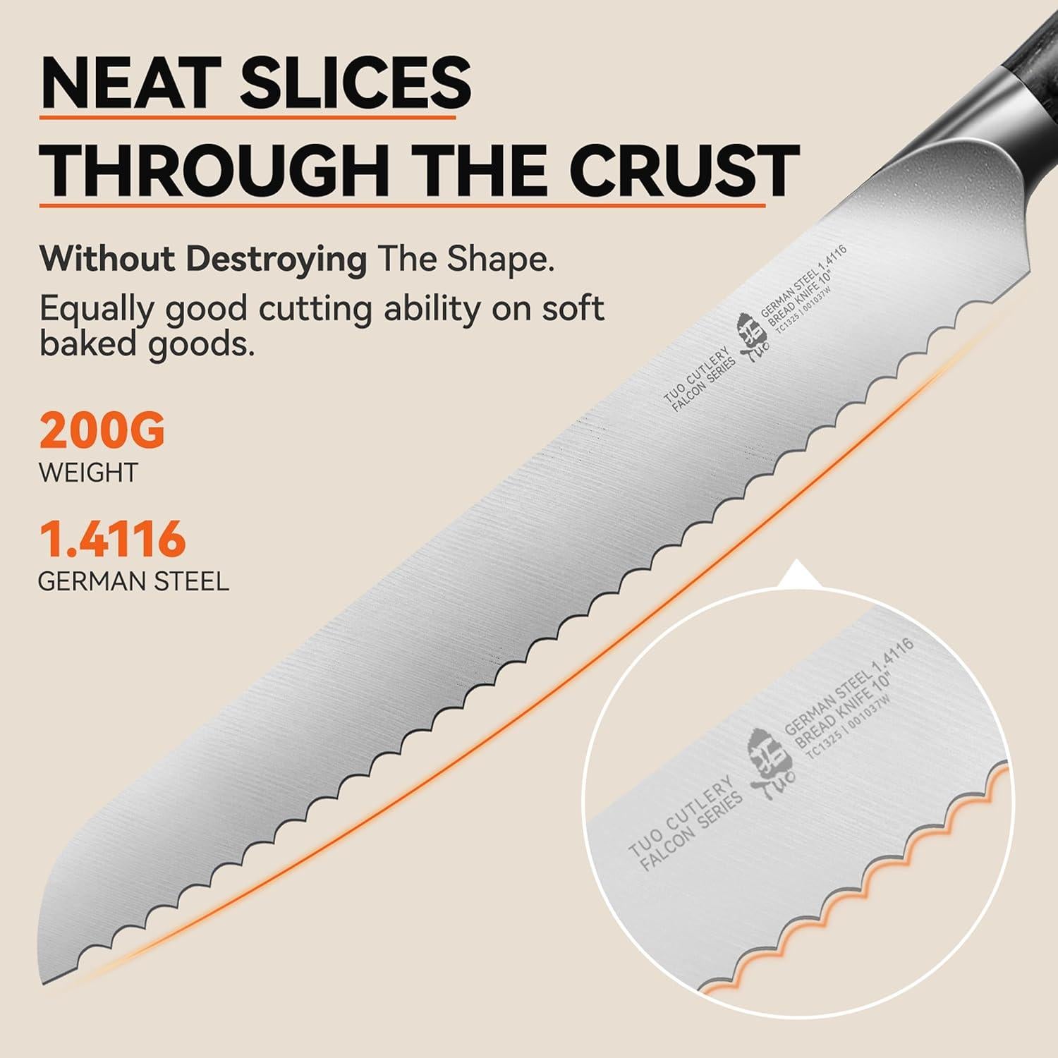 Cuchillo de Pan TUO 25 cm Serrado Acero Alemán Pakkawood