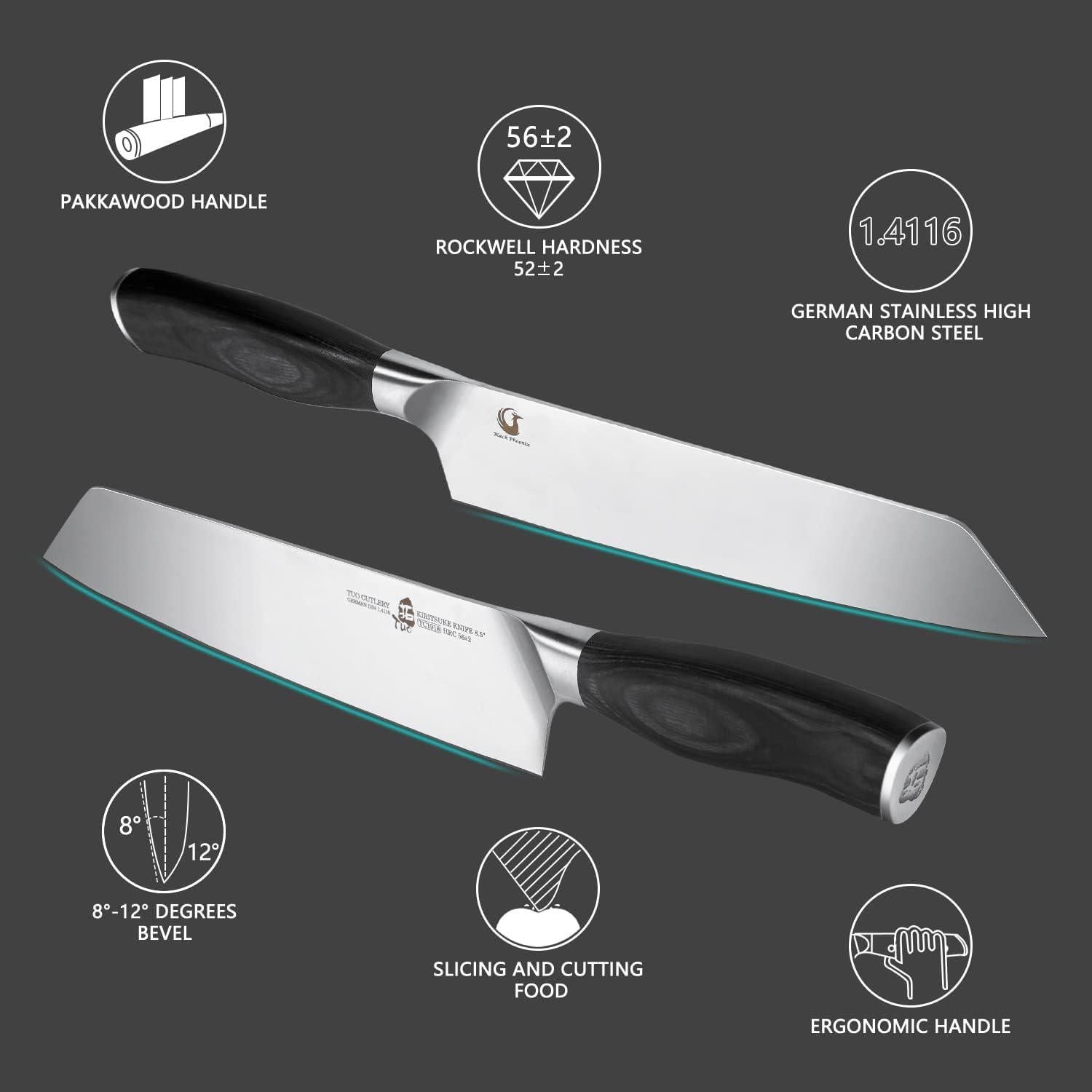 Cuchillo Kiritsuke TUO Fénix 21.6 cm Acero Inoxidable Negro