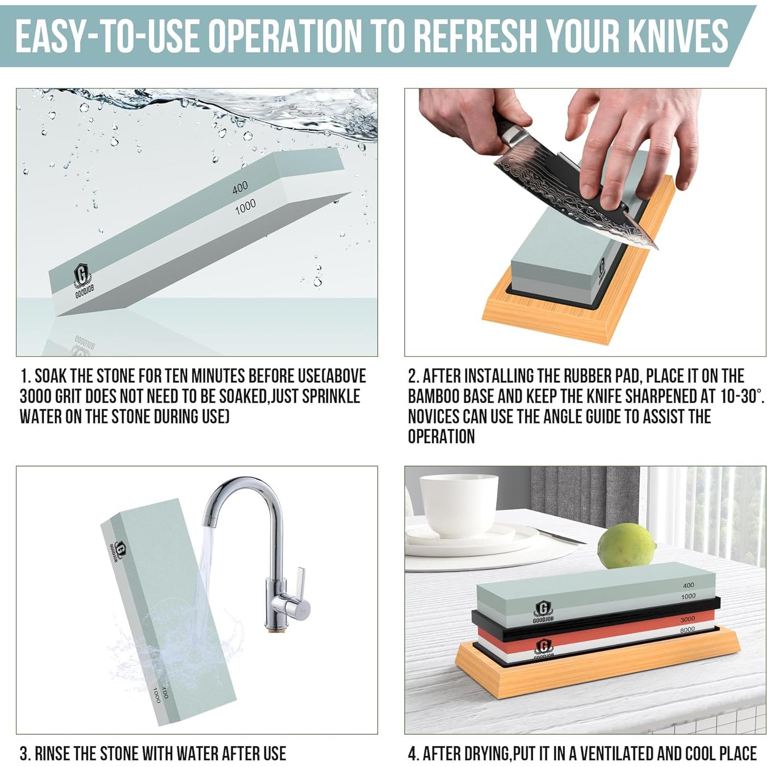 Kit de Afilado de Cuchillos Goodjob - Piedra Húmeda Doble Grano 400/1000 y 3000/8000