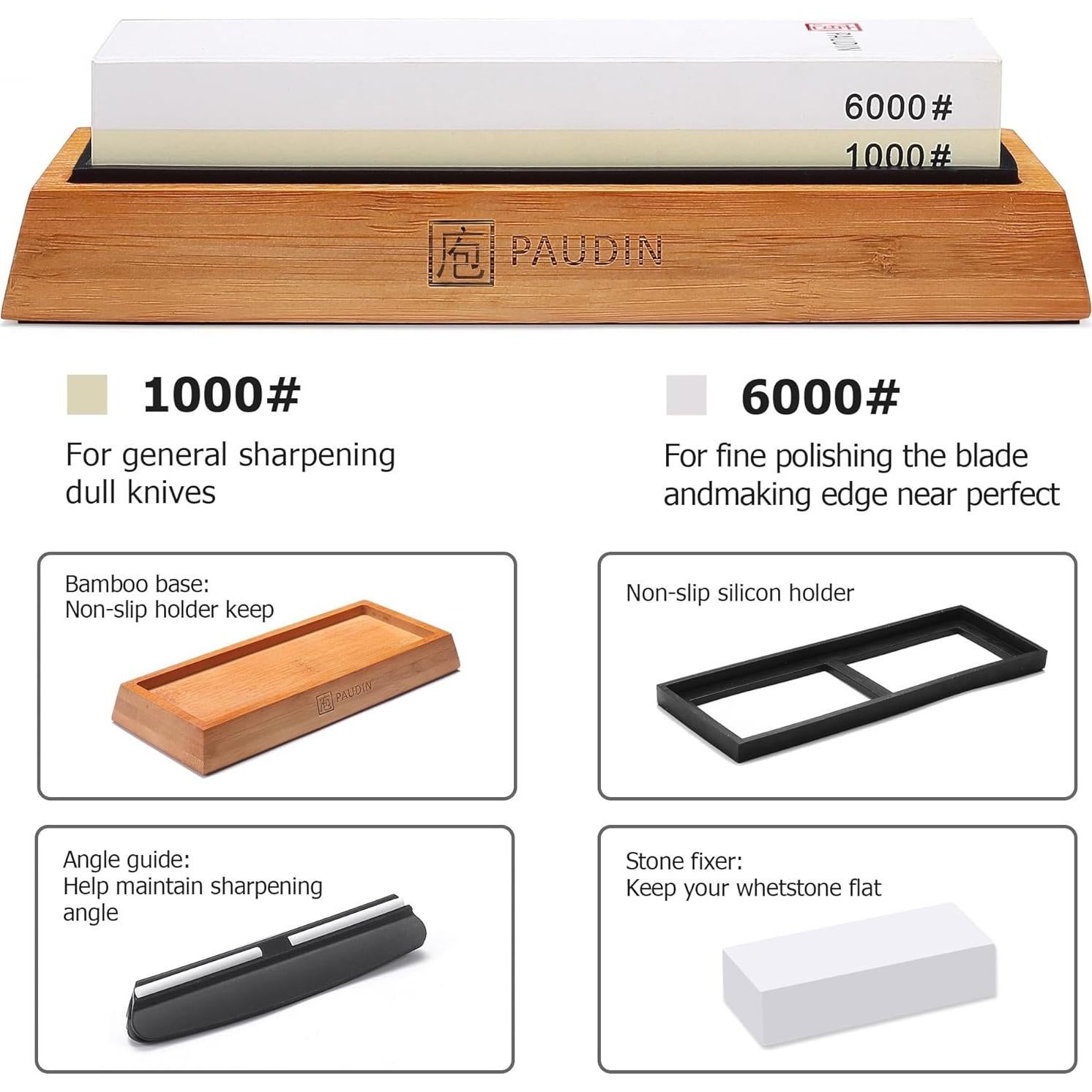 Kit de Afilador de Cuchillos PAUDIN 1000/6000 Grit con Base Antideslizante