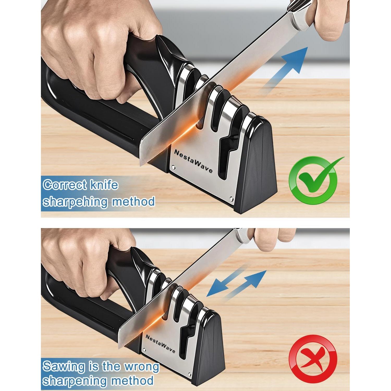 Afilador de cuchillos 4 en 1 NestaWave, acero inoxidable, negro/plata