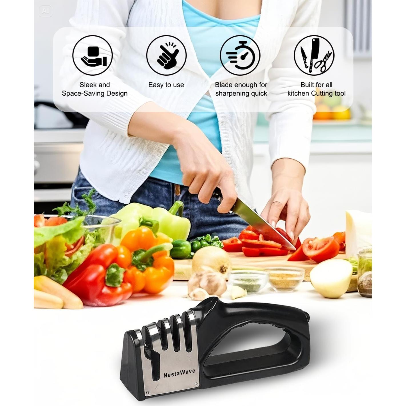 Afilador de cuchillos 4 en 1 NestaWave, acero inoxidable, negro/plata