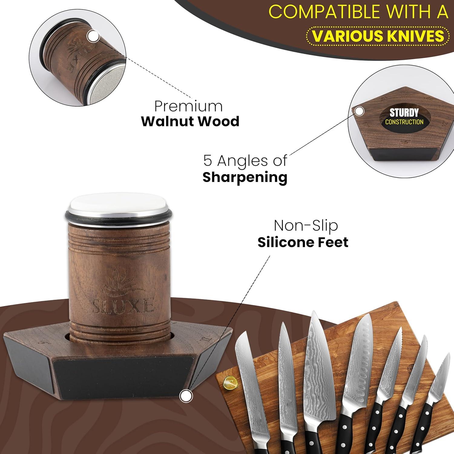 Afilador de Cuchillos Rodante SLUXE - Madera de Nogal - 5 Ángulos