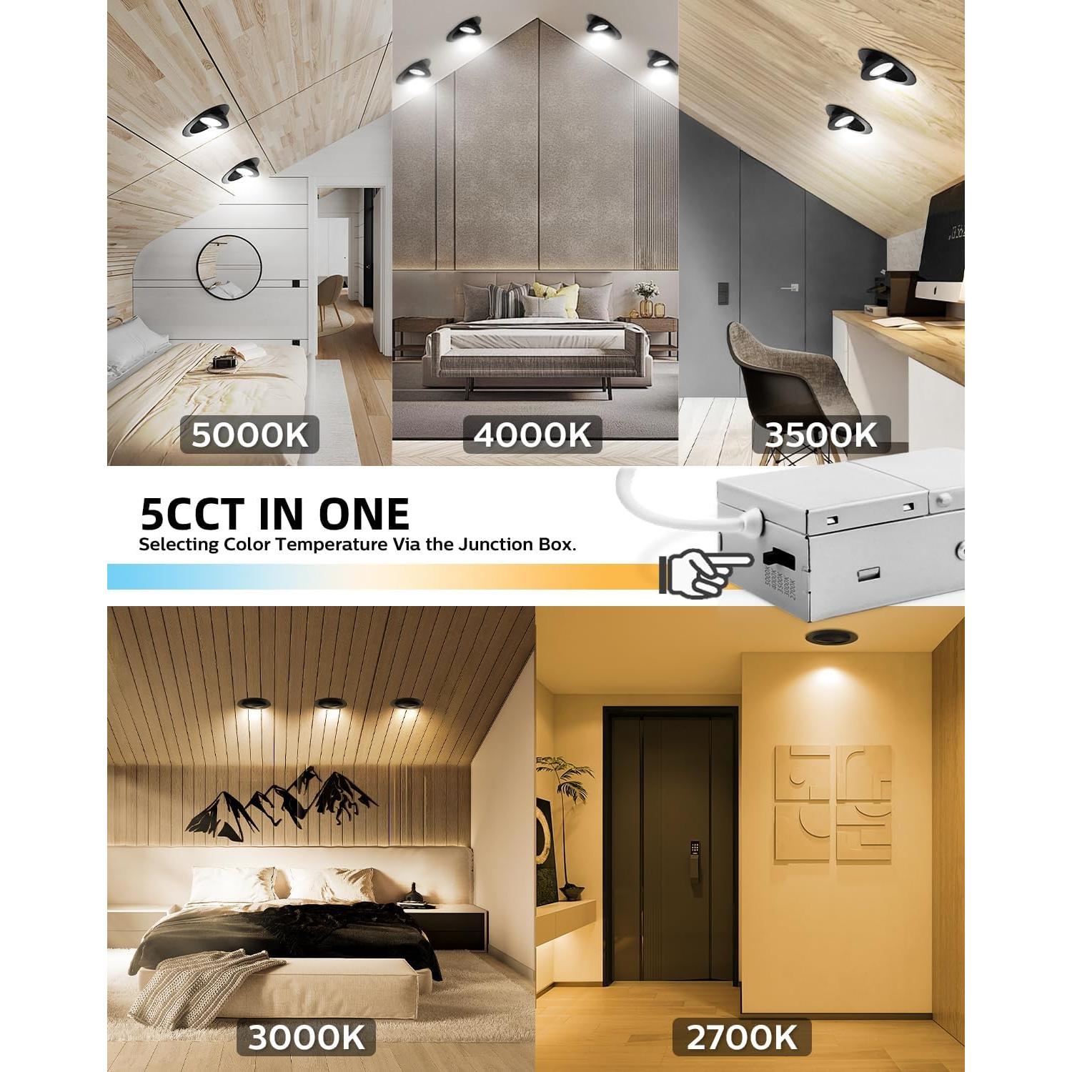 Luces LED Empotradas Gimbal Adetu 4" Negras 12 Paquete 2700K-5000K