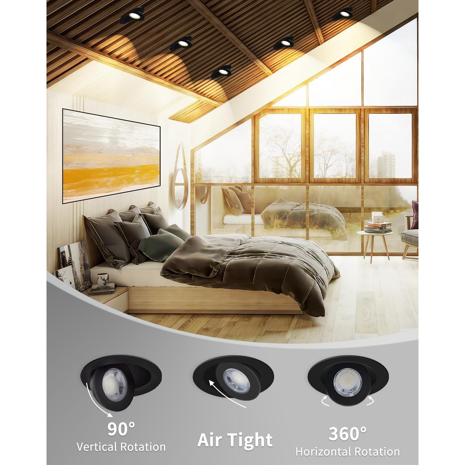 Luces LED Empotradas Gimbal Adetu 4" Negras 12 Paquete 2700K-5000K