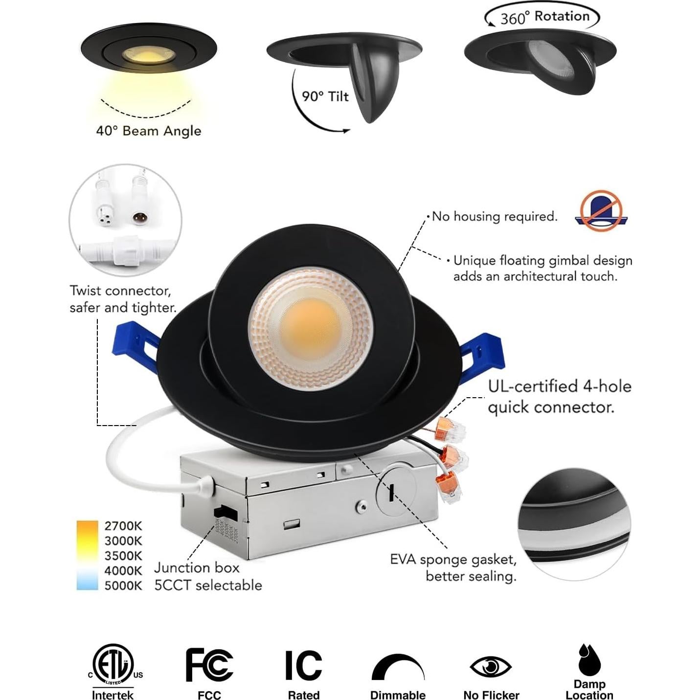 Luces LED Empotradas Gimbal Adetu 4" Negras 12 Paquete 2700K-5000K