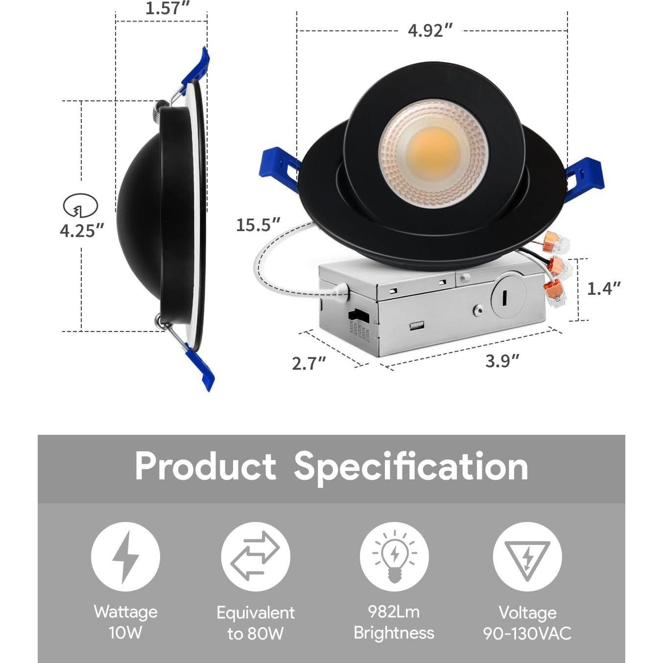 Luces LED Empotradas Gimbal Adetu 4" Negras 12 Paquete 2700K-5000K