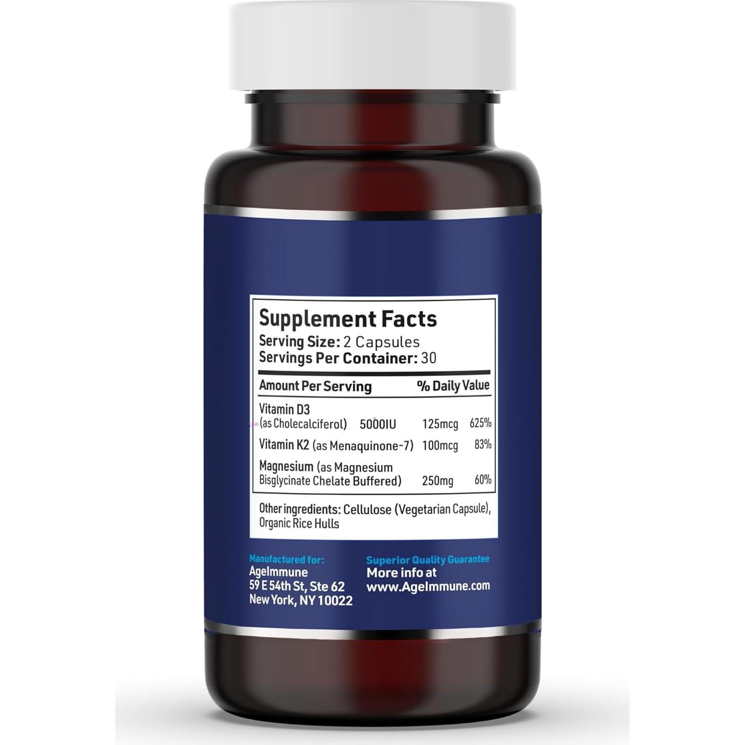 Suplemento AgeImmune D3+ K2 y Magnesio - 60 Cápsulas