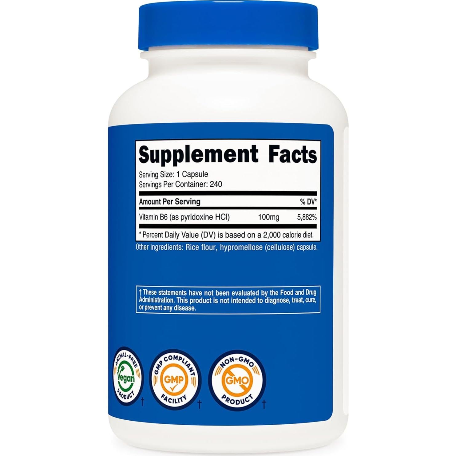 Nutricost Vitamina B6 100mg - 240 Cápsulas de Piridoxina