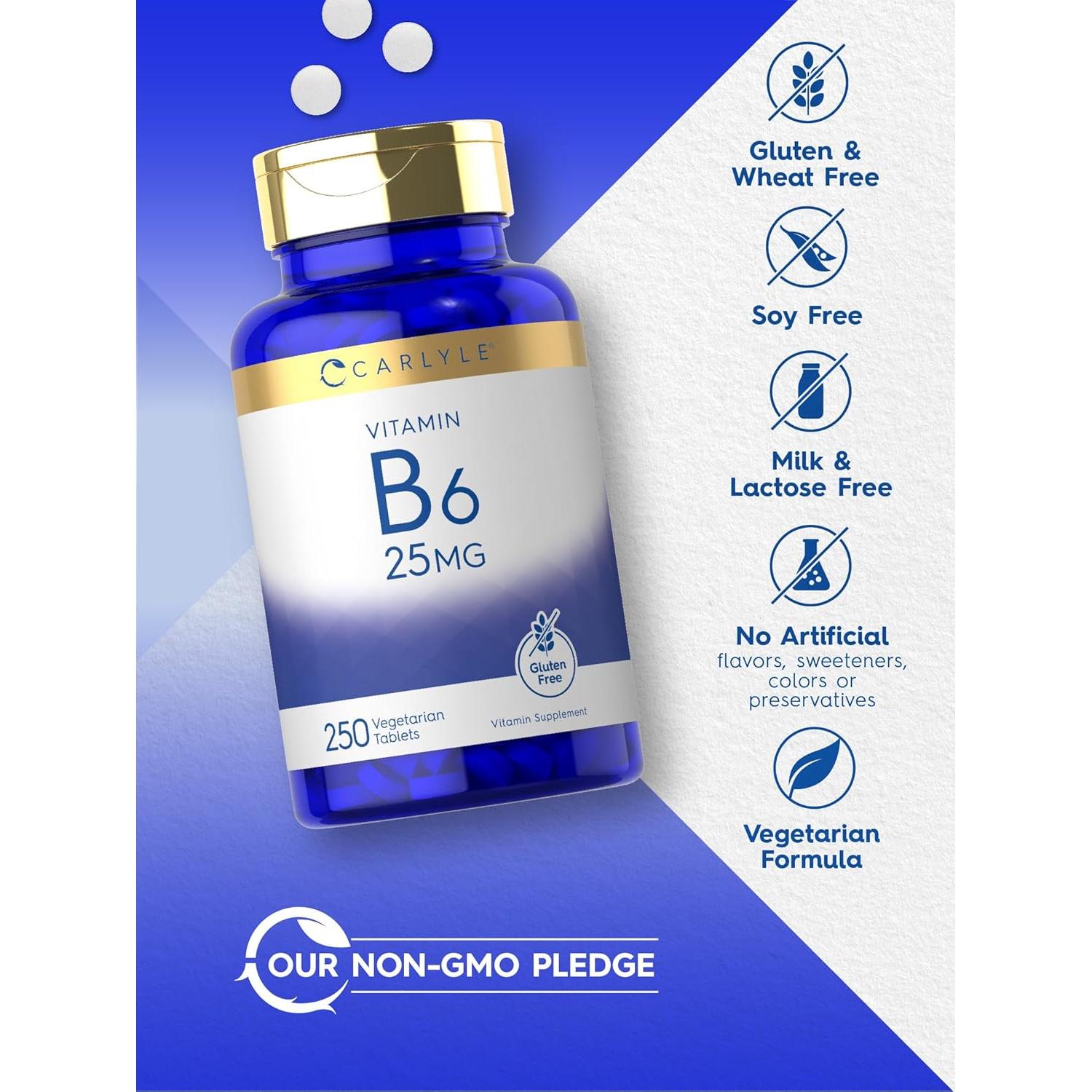 Carlyle Vitamina B6 25 mg 250 Tabletas Vegetariano Sin Gluten