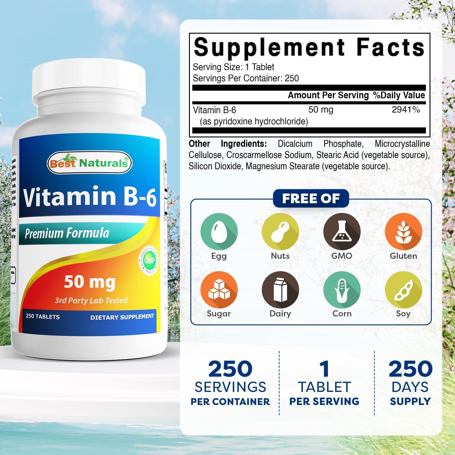 Vitamina B6 50 mg Mejores Naturales 250 Tabletas