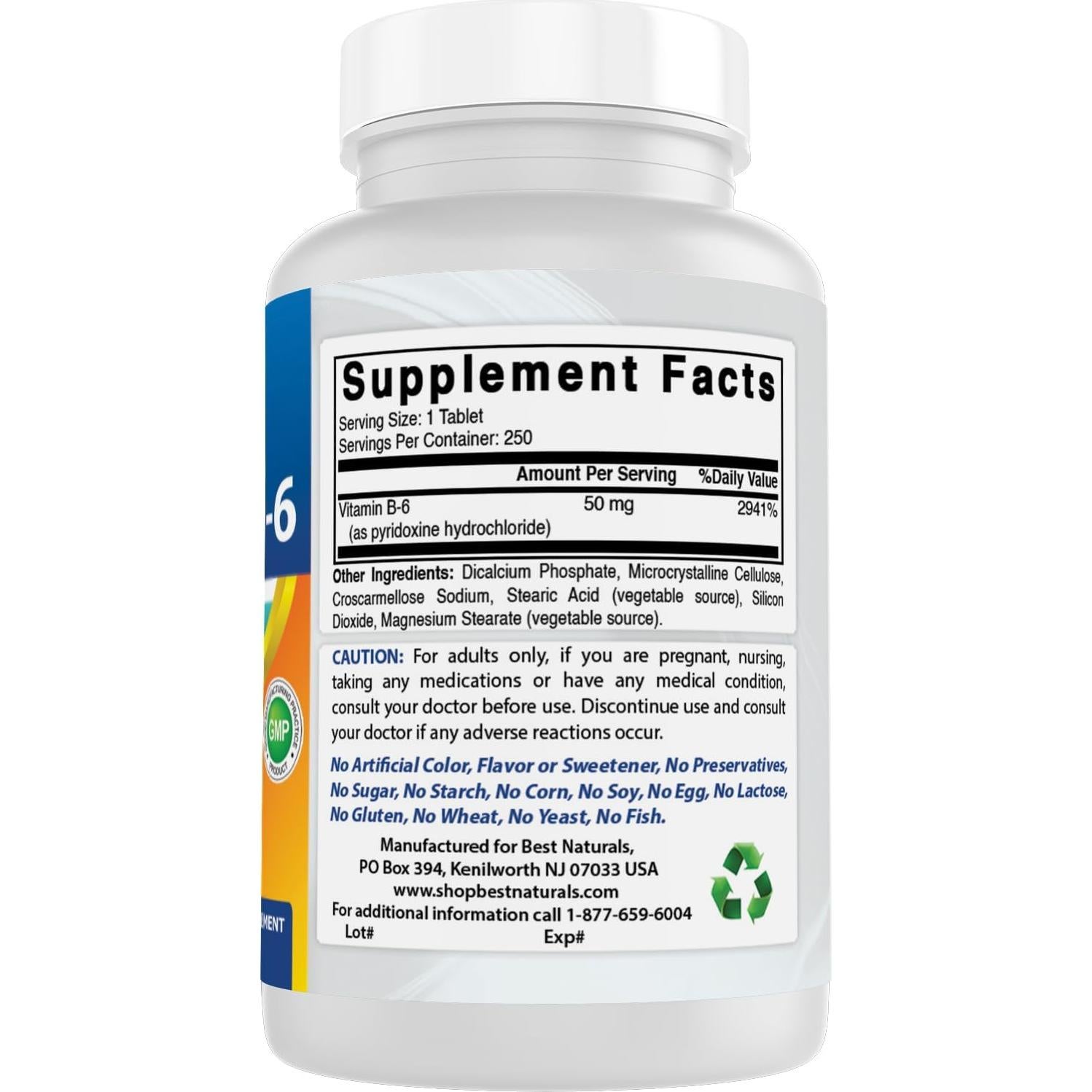 Vitamina B6 50 mg Mejores Naturales 250 Tabletas