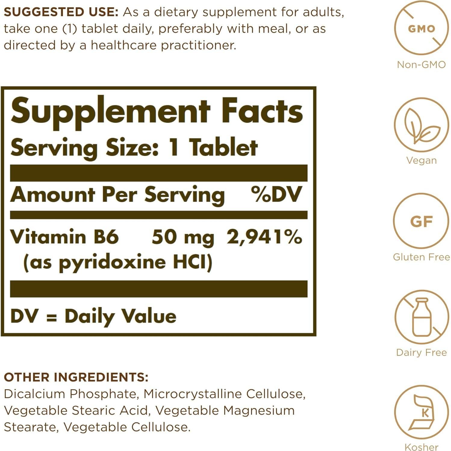 Vitamina B6 Solgar 50 mg - 100 Tabletas Veganas Sin Gluten