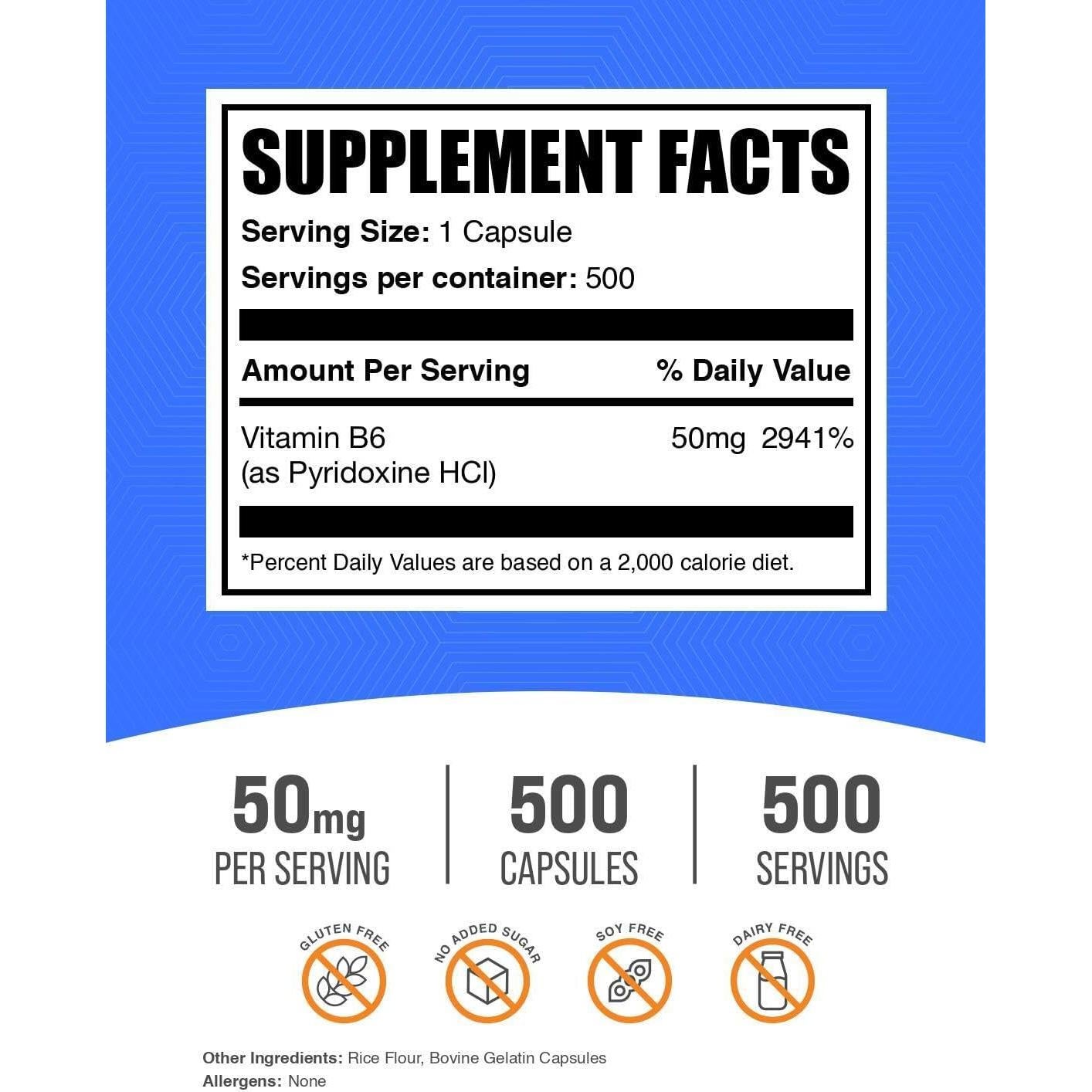 Cápsulas de Vitamina B6 BulkSupplements 50mg - 500 Unidades