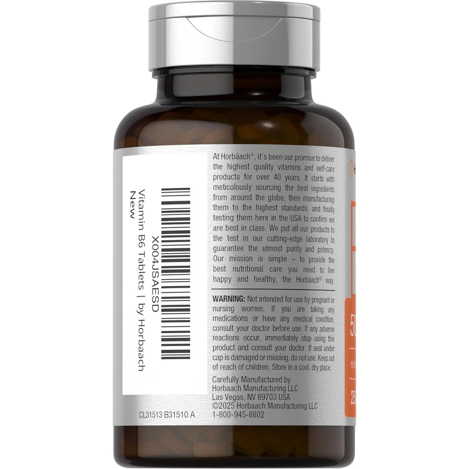Suplemento de Vitamina B6 Horbäach 50mg - 250 Tabletas Vegetarianas