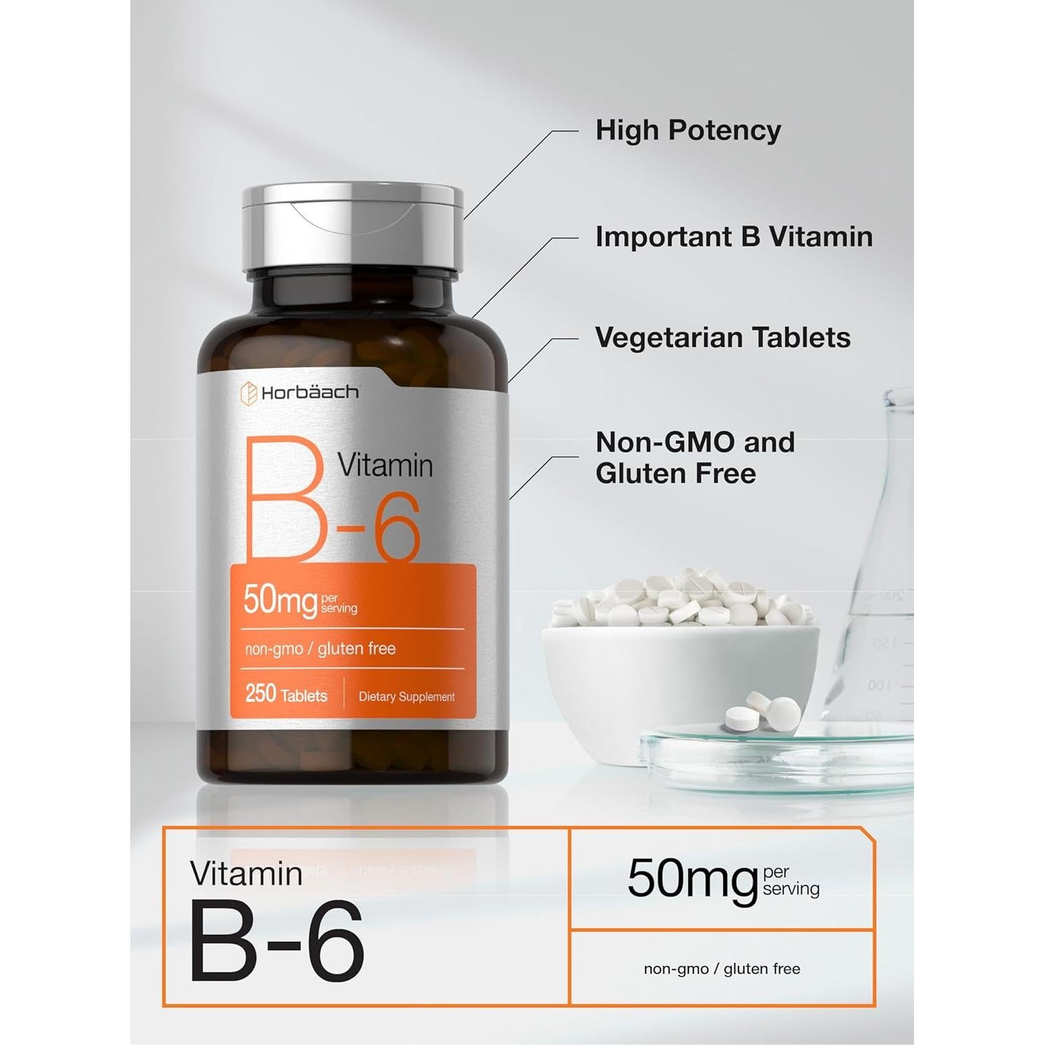 Suplemento de Vitamina B6 Horbäach 50mg - 250 Tabletas Vegetarianas