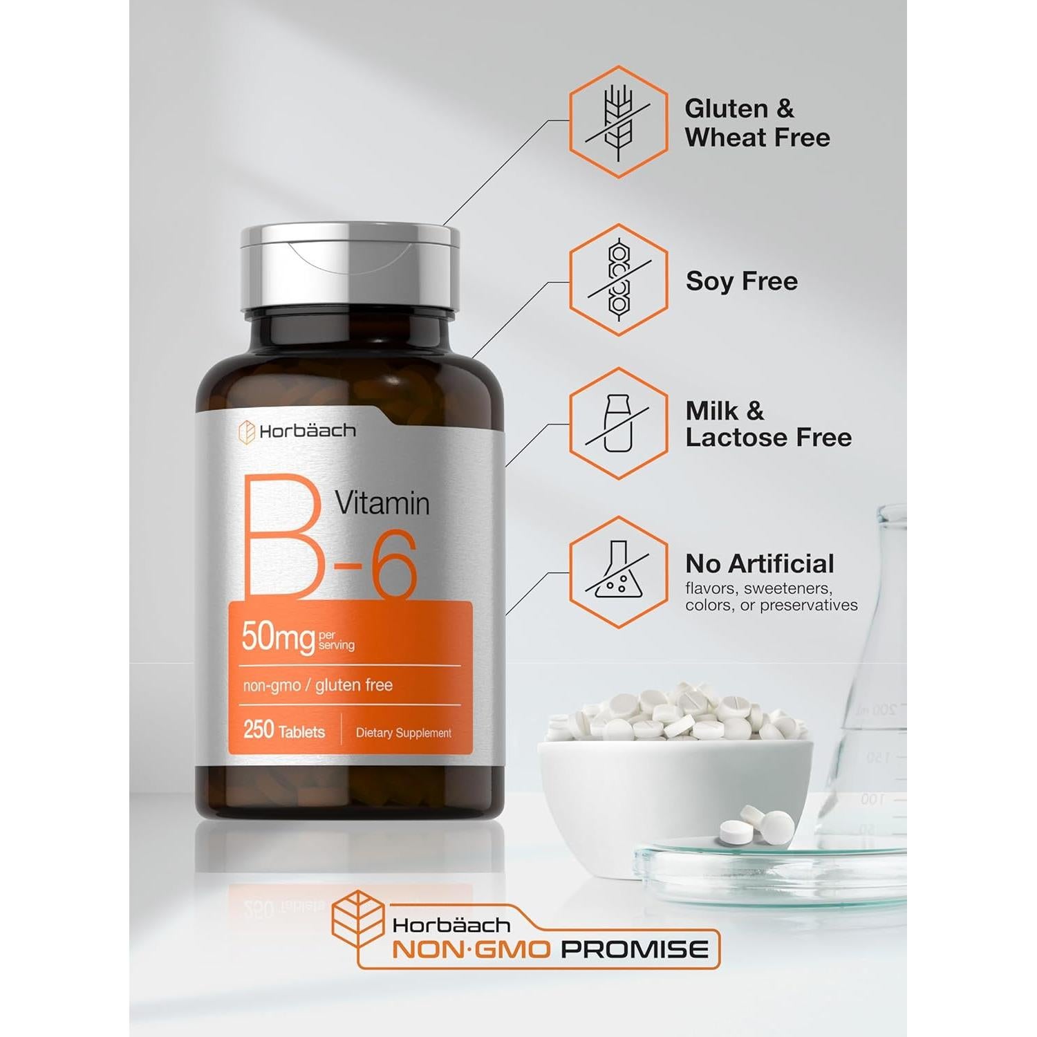 Suplemento de Vitamina B6 Horbäach 50mg - 250 Tabletas Vegetarianas