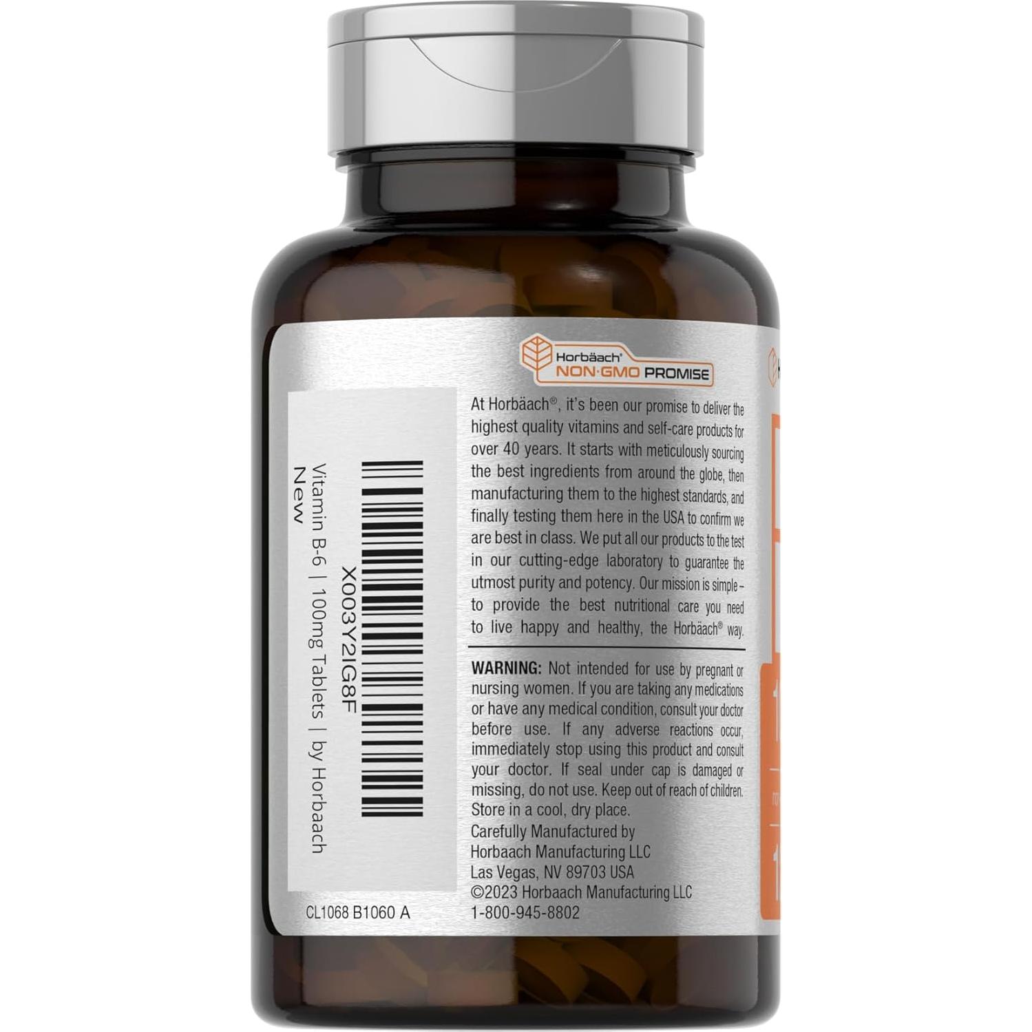 Vitamina B6 Horbaach 100mg 120 Tabletas Vegetarianas Sin Gluten