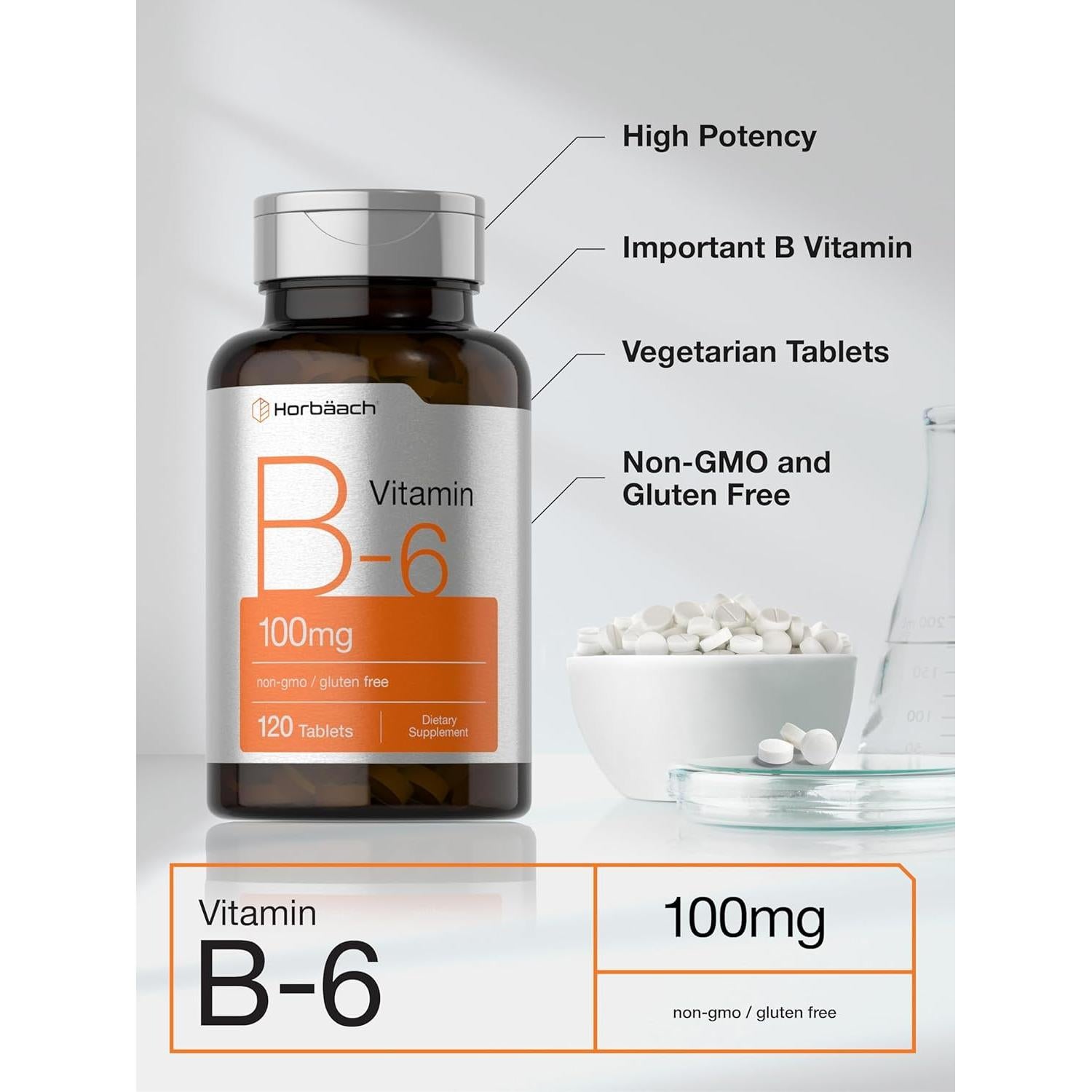 Vitamina B6 Horbaach 100mg 120 Tabletas Vegetarianas Sin Gluten