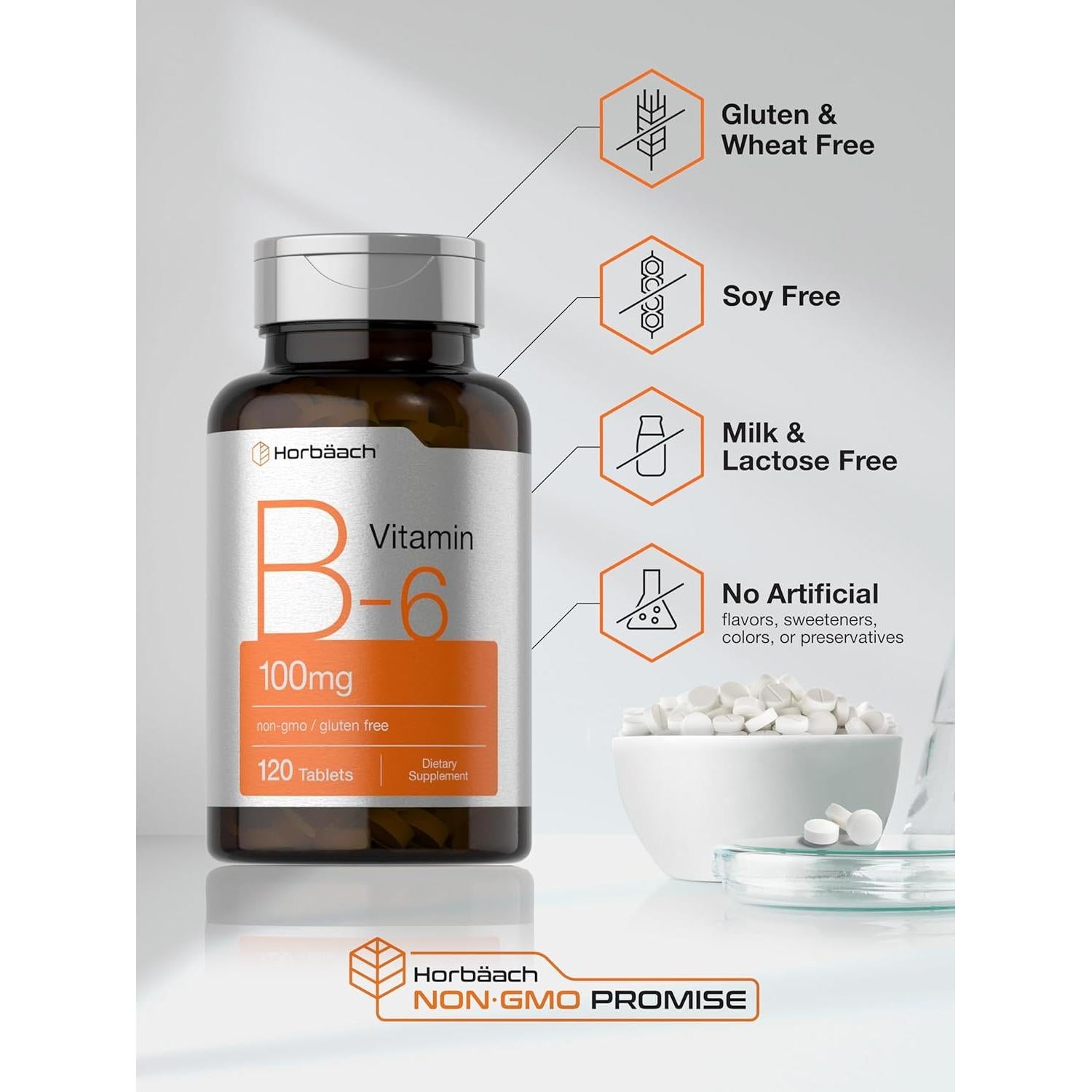 Vitamina B6 Horbaach 100mg 120 Tabletas Vegetarianas Sin Gluten