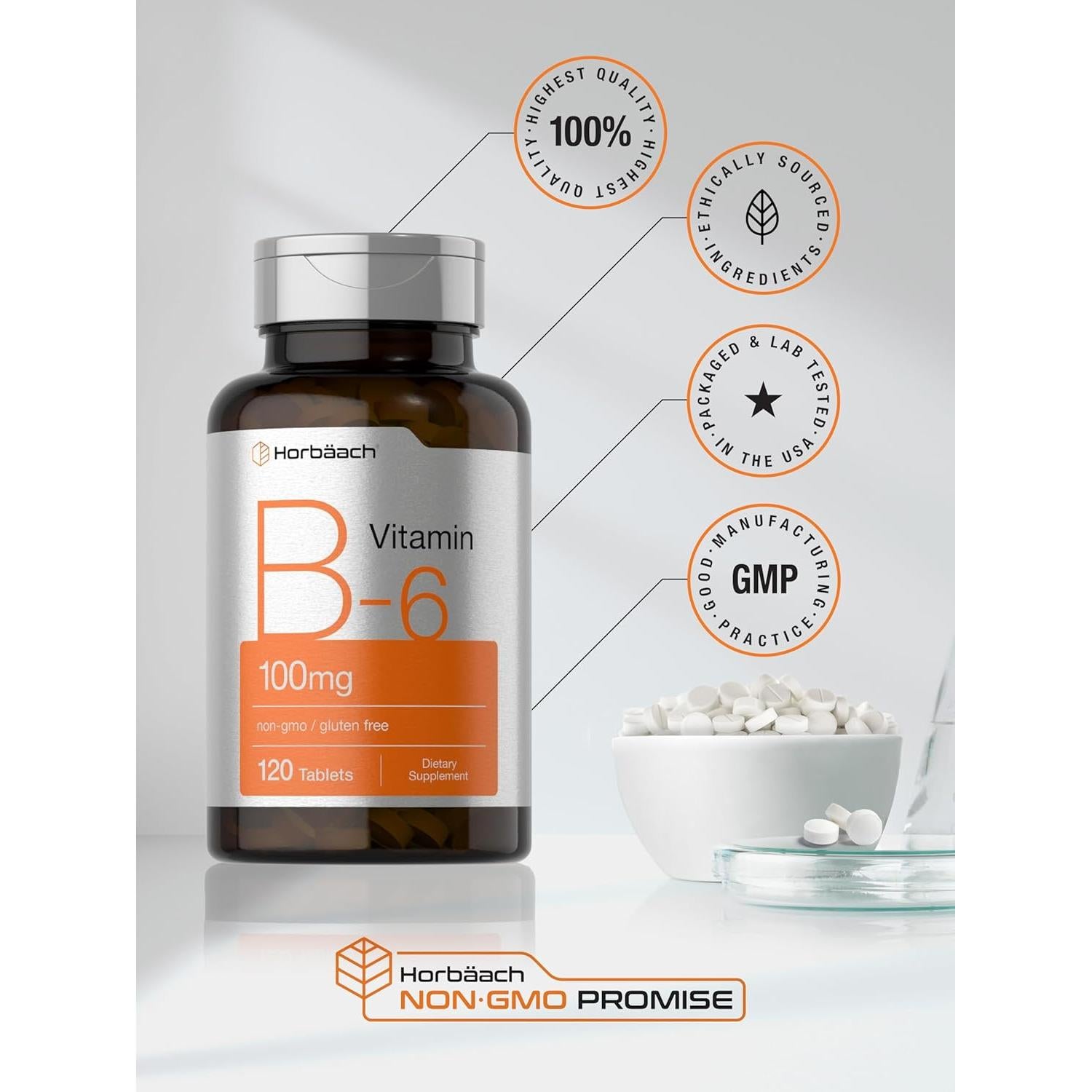 Vitamina B6 Horbaach 100mg 120 Tabletas Vegetarianas Sin Gluten