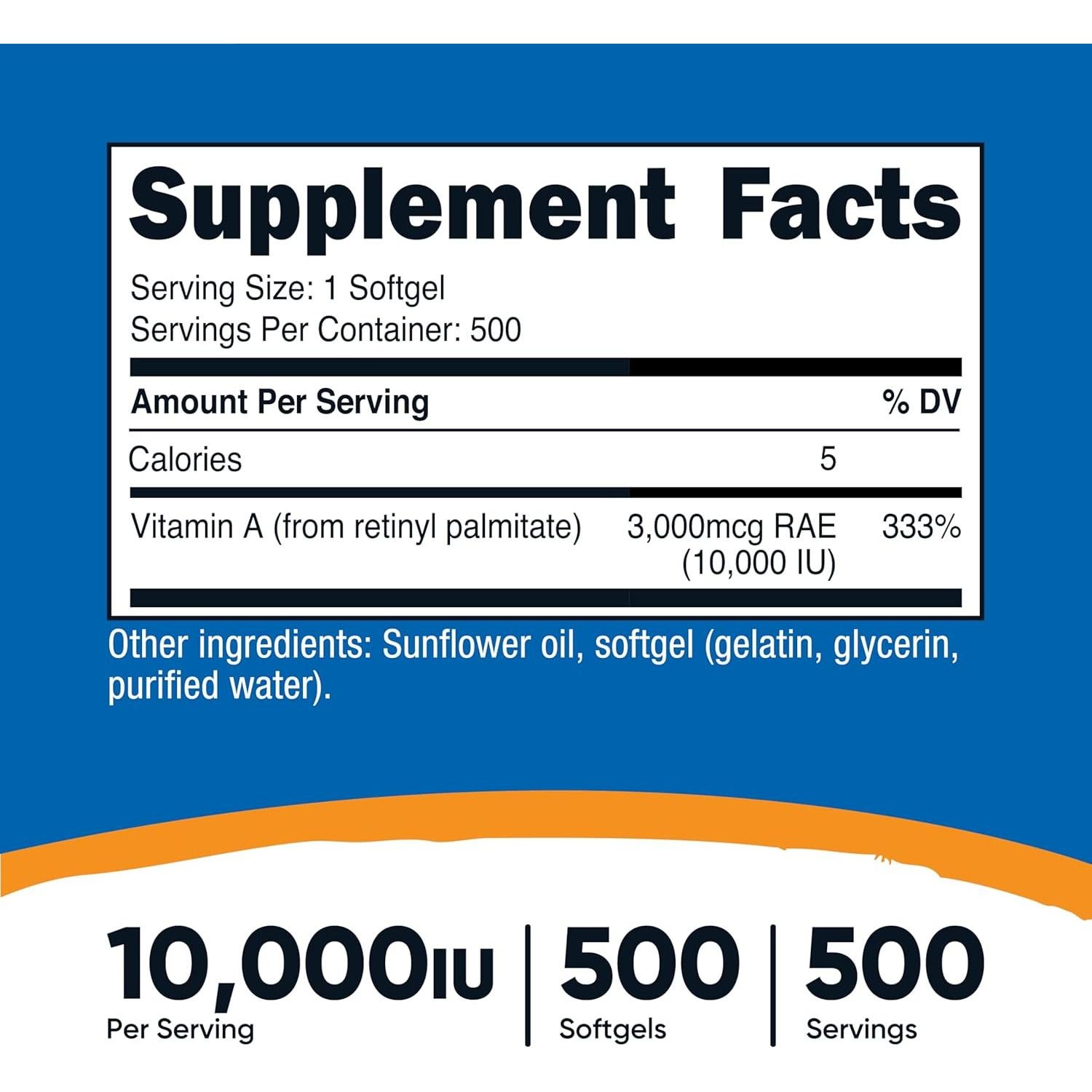Vitamina A Nutricost 10,000 UI 500 Cápsulas Blandas