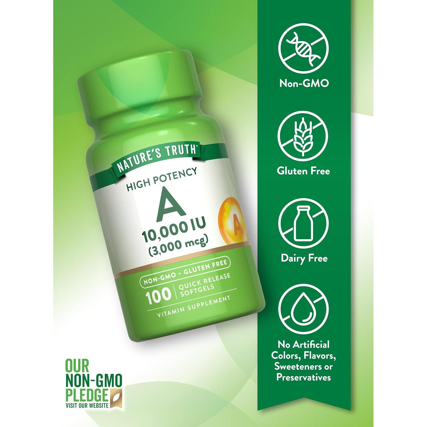 Suplemento de Vitamina A 10000 UI Nature's Truth 100 Cápsulas