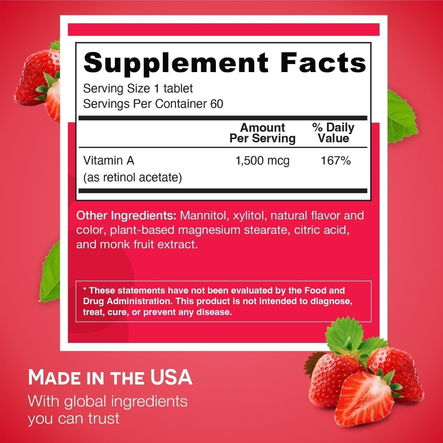 EZ Melts Vitamina A 5000 UI Disoluble Sin Azúcar 60 Tabletas