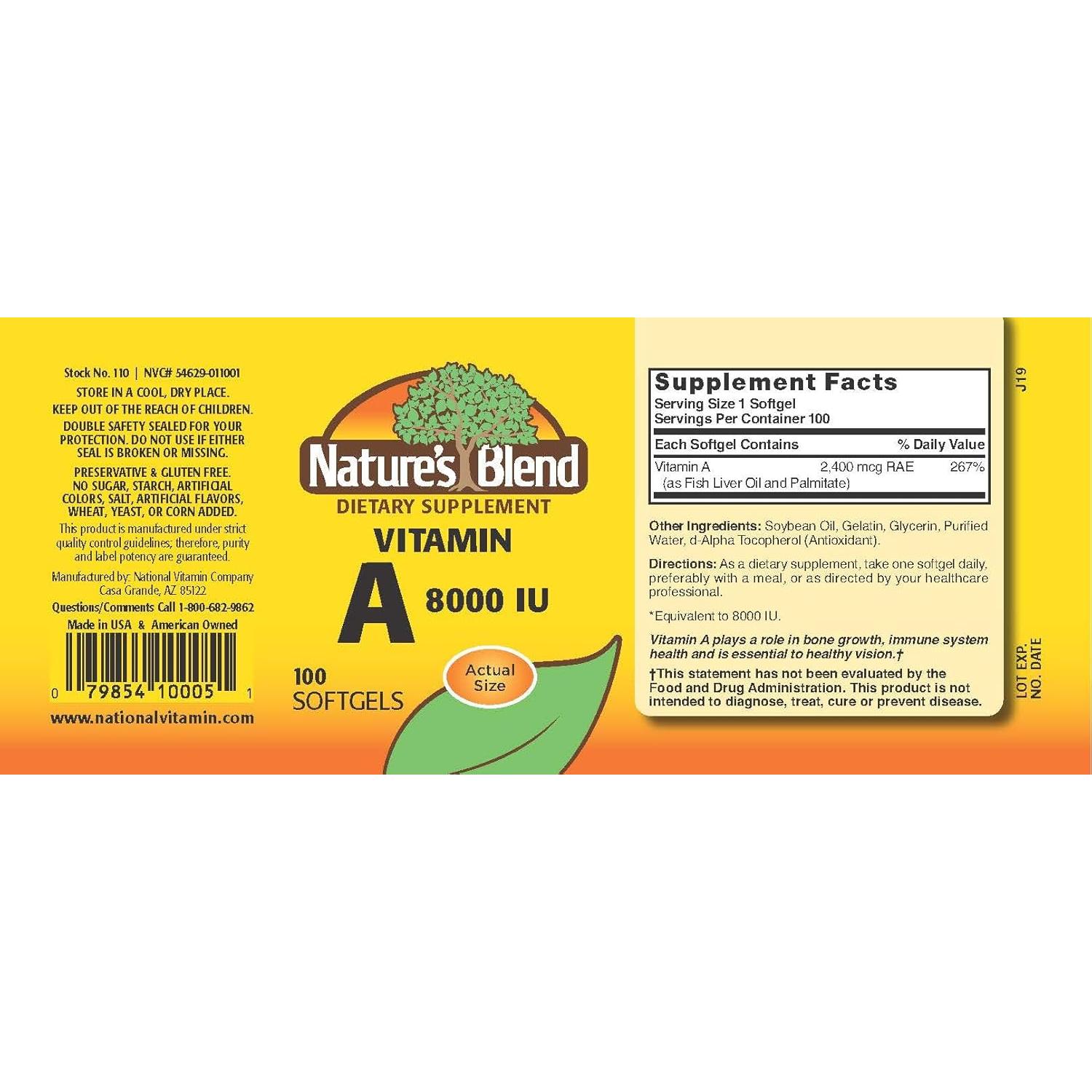 Vitamina A 8000 UI Mezcla Natural - 100 Gelatinas Blandas