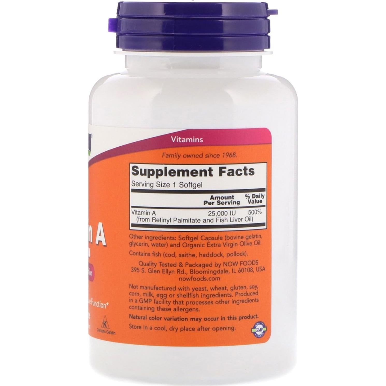 Vitamina A 25000 UI Now Foods - 500 Softgels de Aceite de Hígado de Pescado