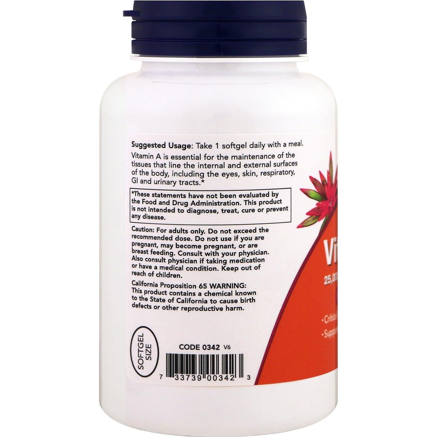 Vitamina A 25000 UI Now Foods - 500 Softgels de Aceite de Hígado de Pescado