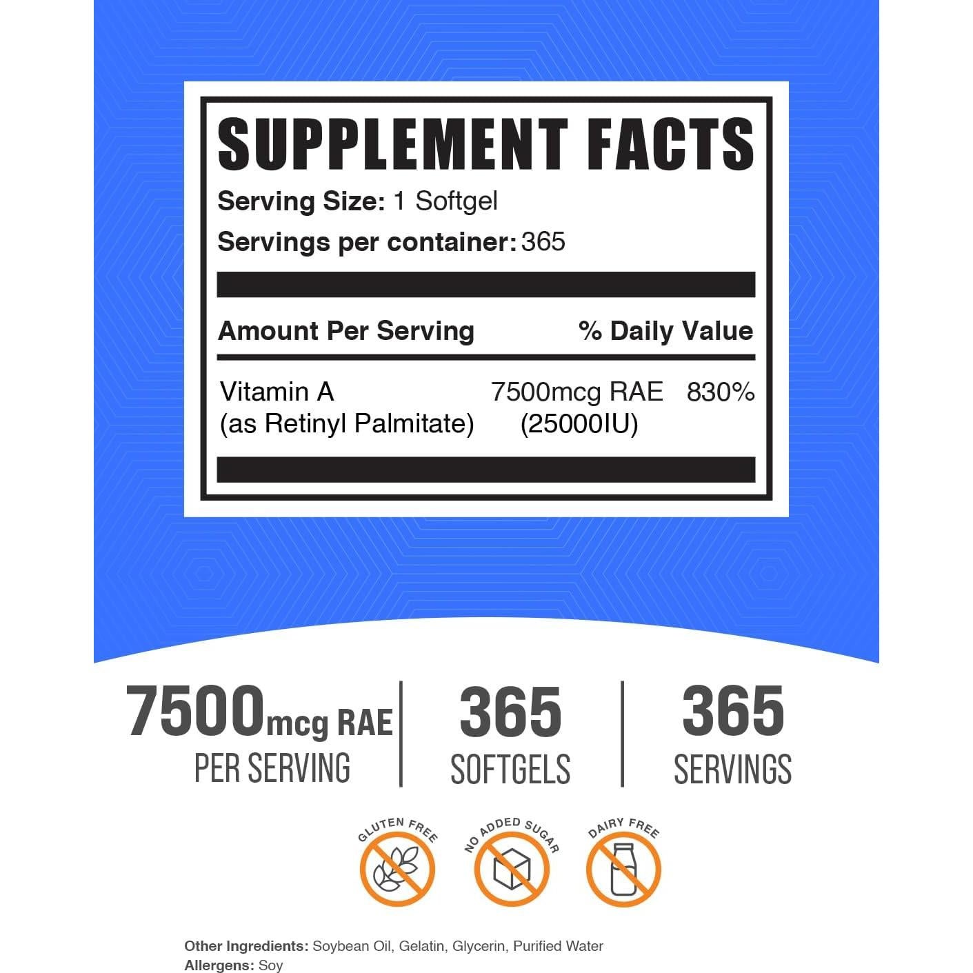 BulkSupplements Vitamina A 25000 UI Softgels 365 Unidades