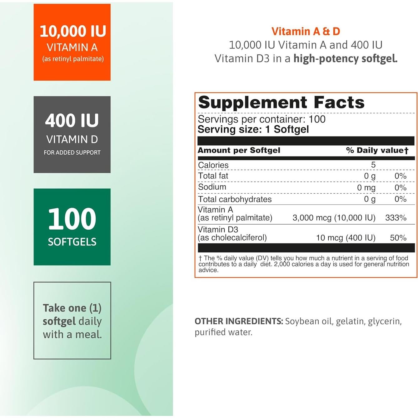 Suplemento de Vitamina A 10,000 UI y D3 400 UI Nutra - 100 Softgels