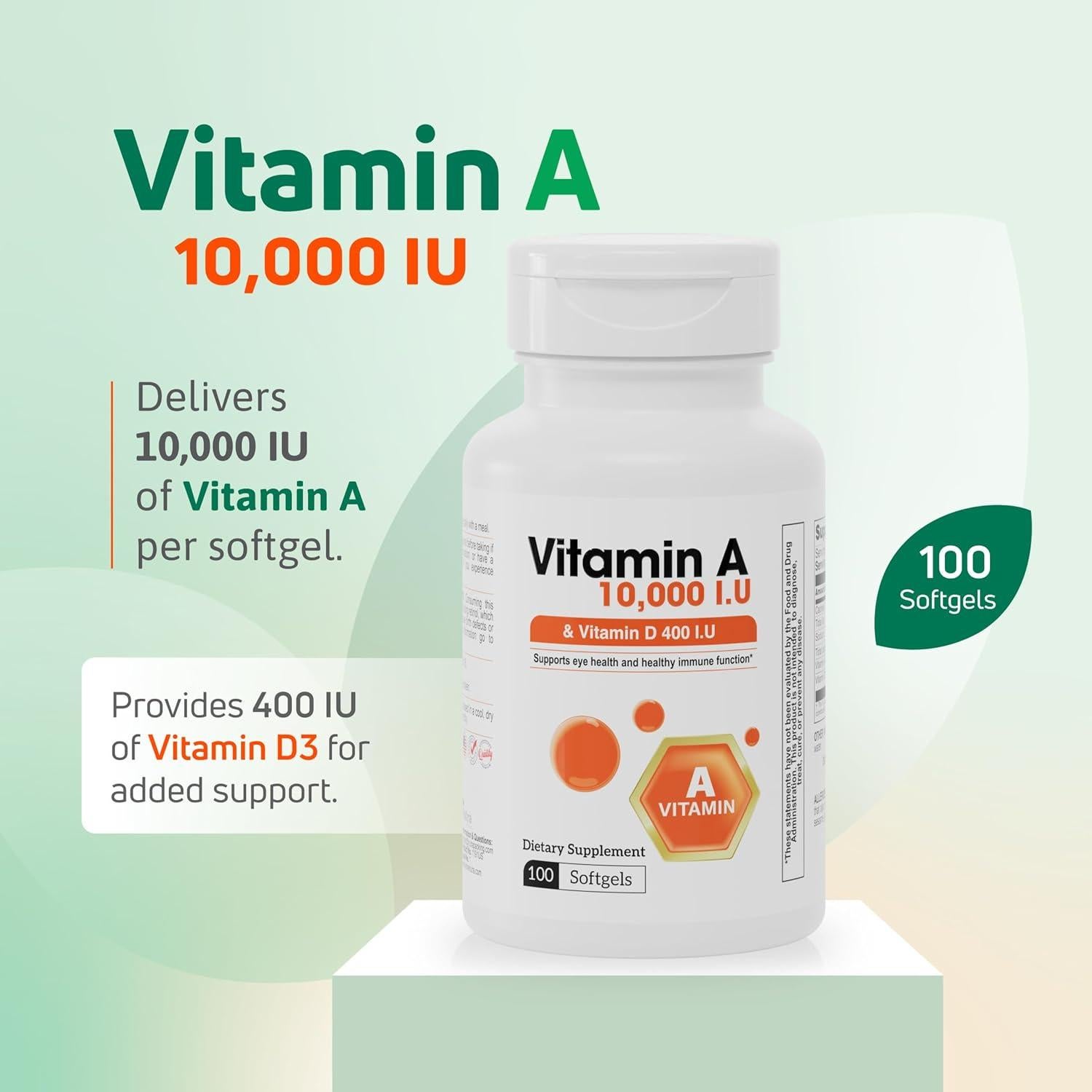 Suplemento de Vitamina A 10,000 UI y D3 400 UI Nutra - 100 Softgels