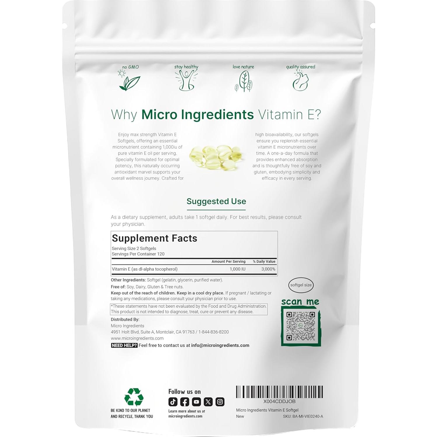 Suplemento de Vitamina E 1000UI Micro Ingredients 240 Softgels