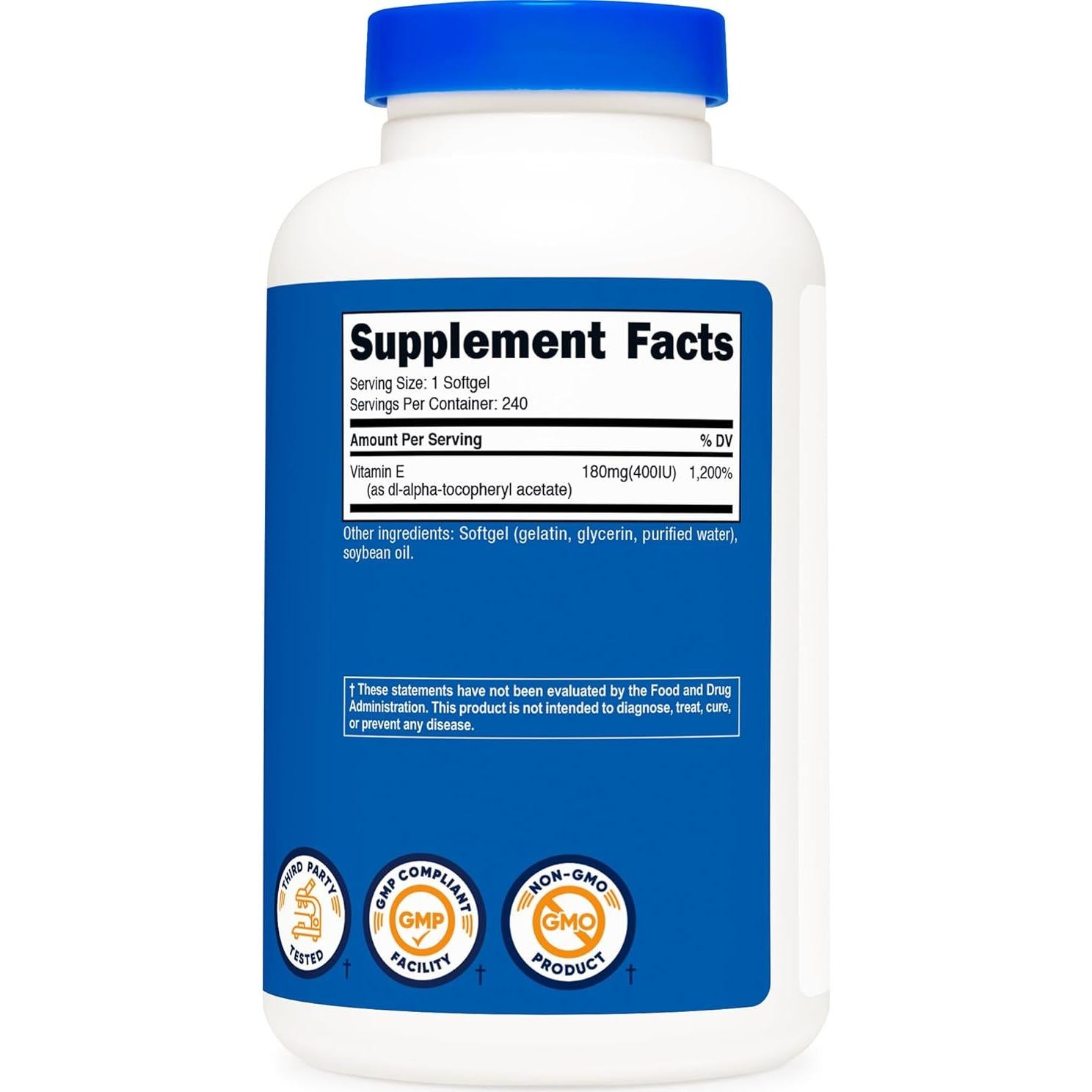 Vitamina E 400 UI Nutricost - 240 Cápsulas Blandas Sin Gluten