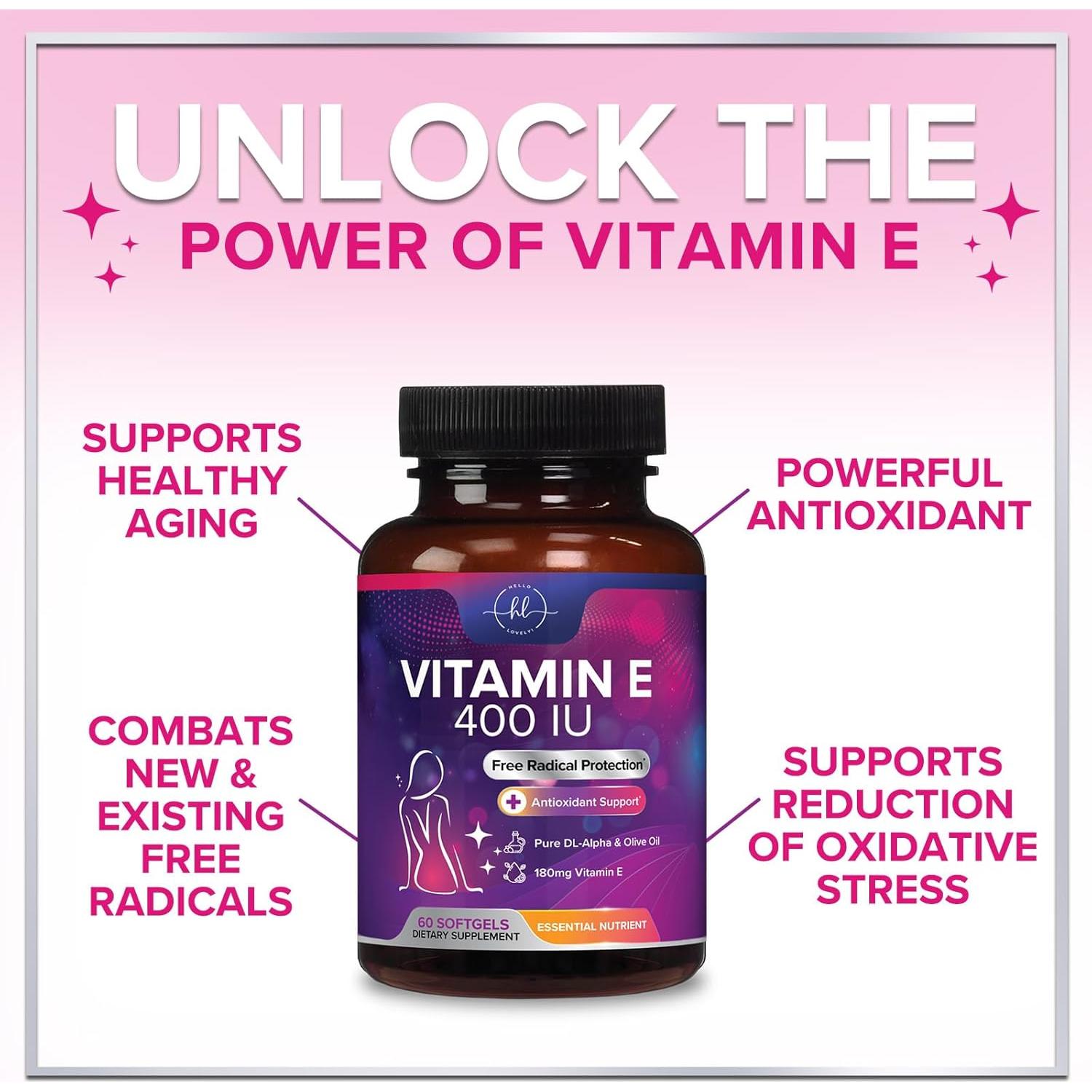 Vitamina E 400 UI Hello Lovely - Suplemento Antioxidante 60 Gelatinas