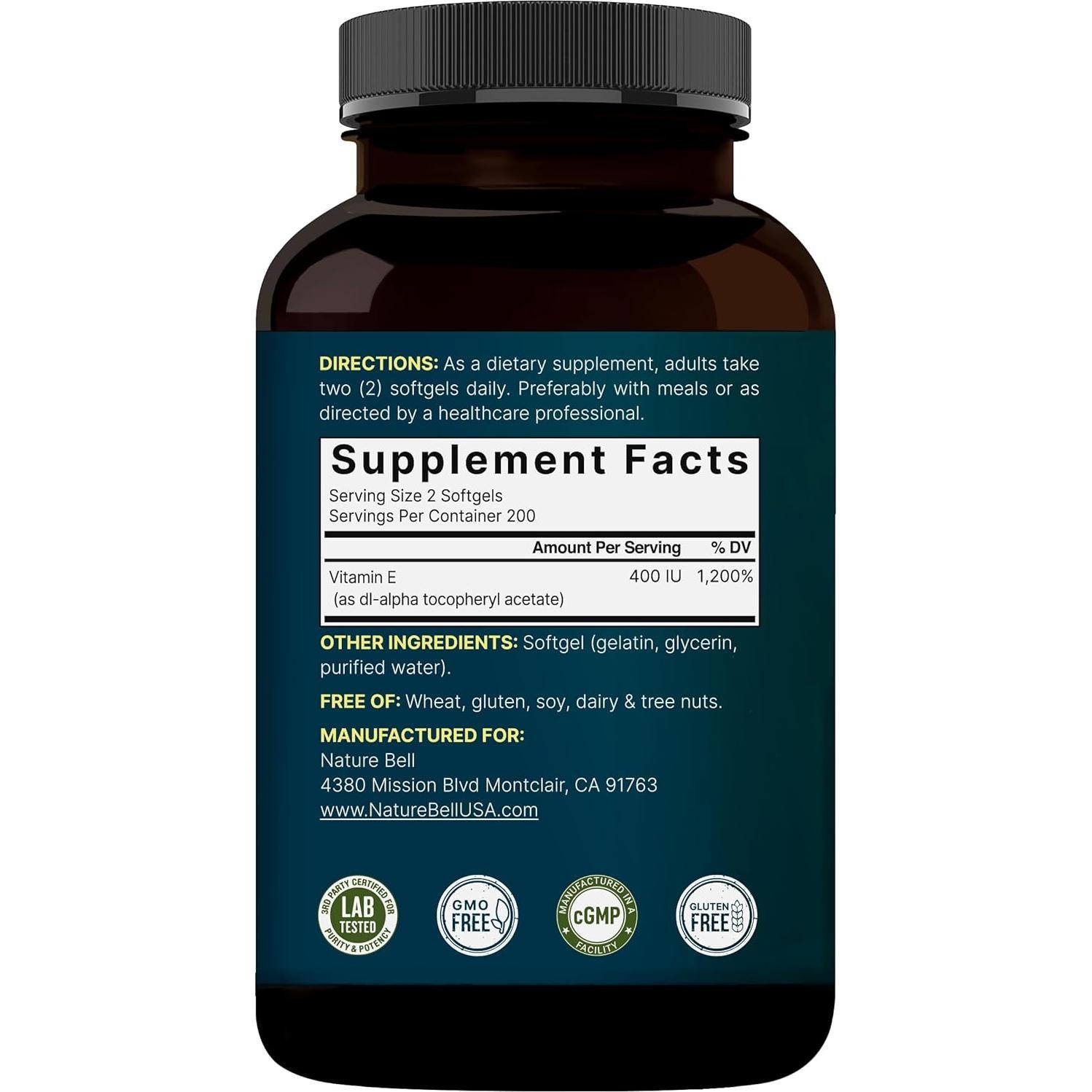 NatureBell Aceite de Vitamina E 400iu 400 Cápsulas Antioxidantes