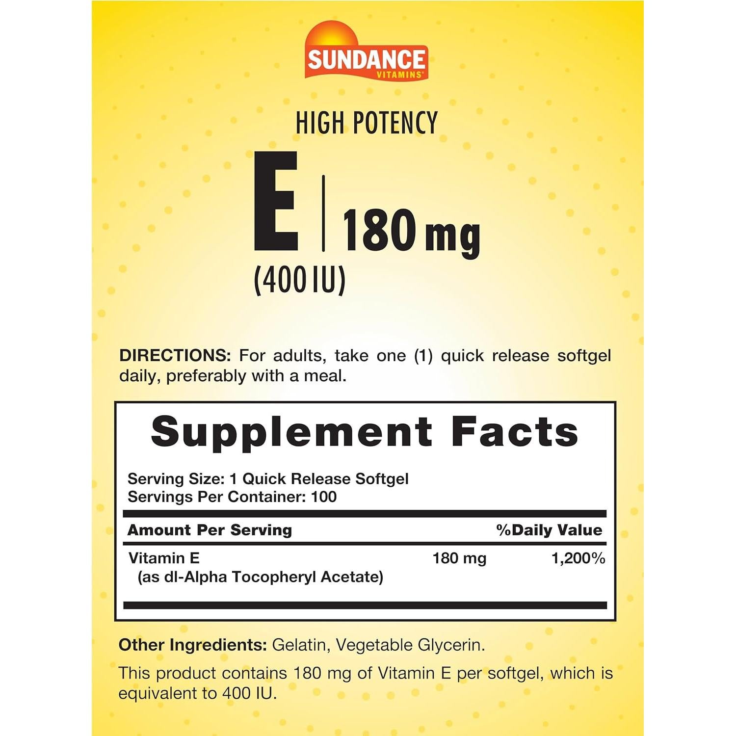 Vitamina E 180 mg Sundance - 100 Cápsulas Blandas Rápidas