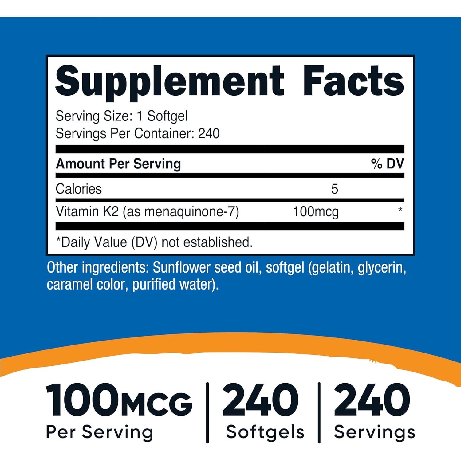 Vitamina K2 MK-7 Nutricost 100 mcg 240 Softgels Sin Gluten