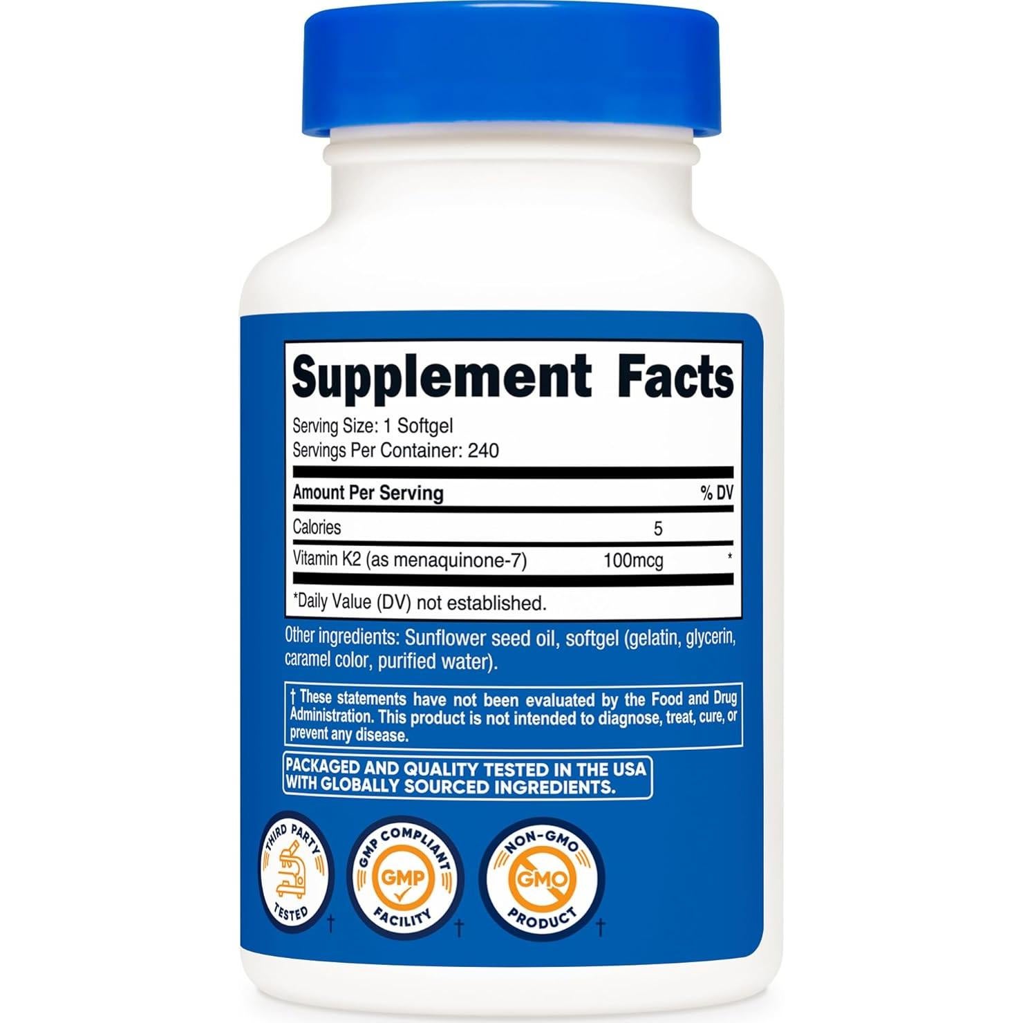 Vitamina K2 MK-7 Nutricost 100 mcg 240 Softgels Sin Gluten