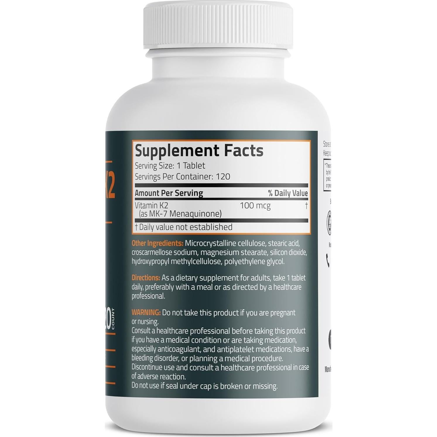 Vitamina K2 MK-7 Bronson 100 MCG 120 Tabletas Soporte Óseo